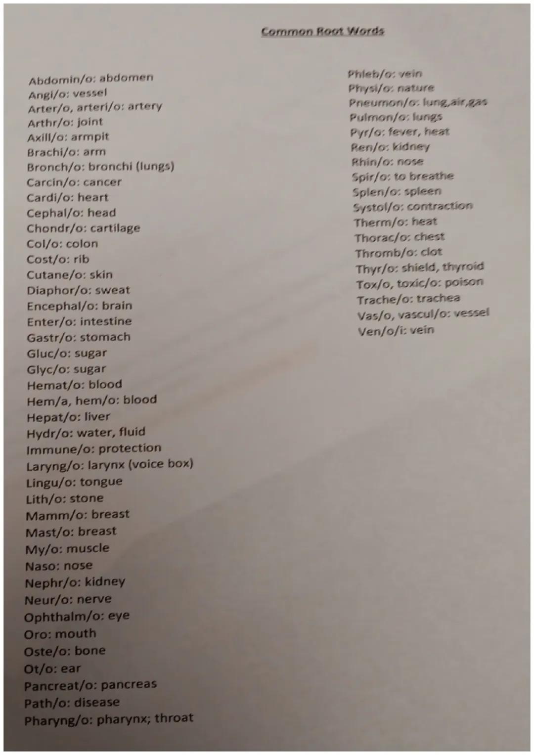 General Common Suffixes
-able, ible: capable of, able to
-ac, iac: pertaining to
-al, ian: pertaining to
-algia: pain
-ar, -ary: pertaining 