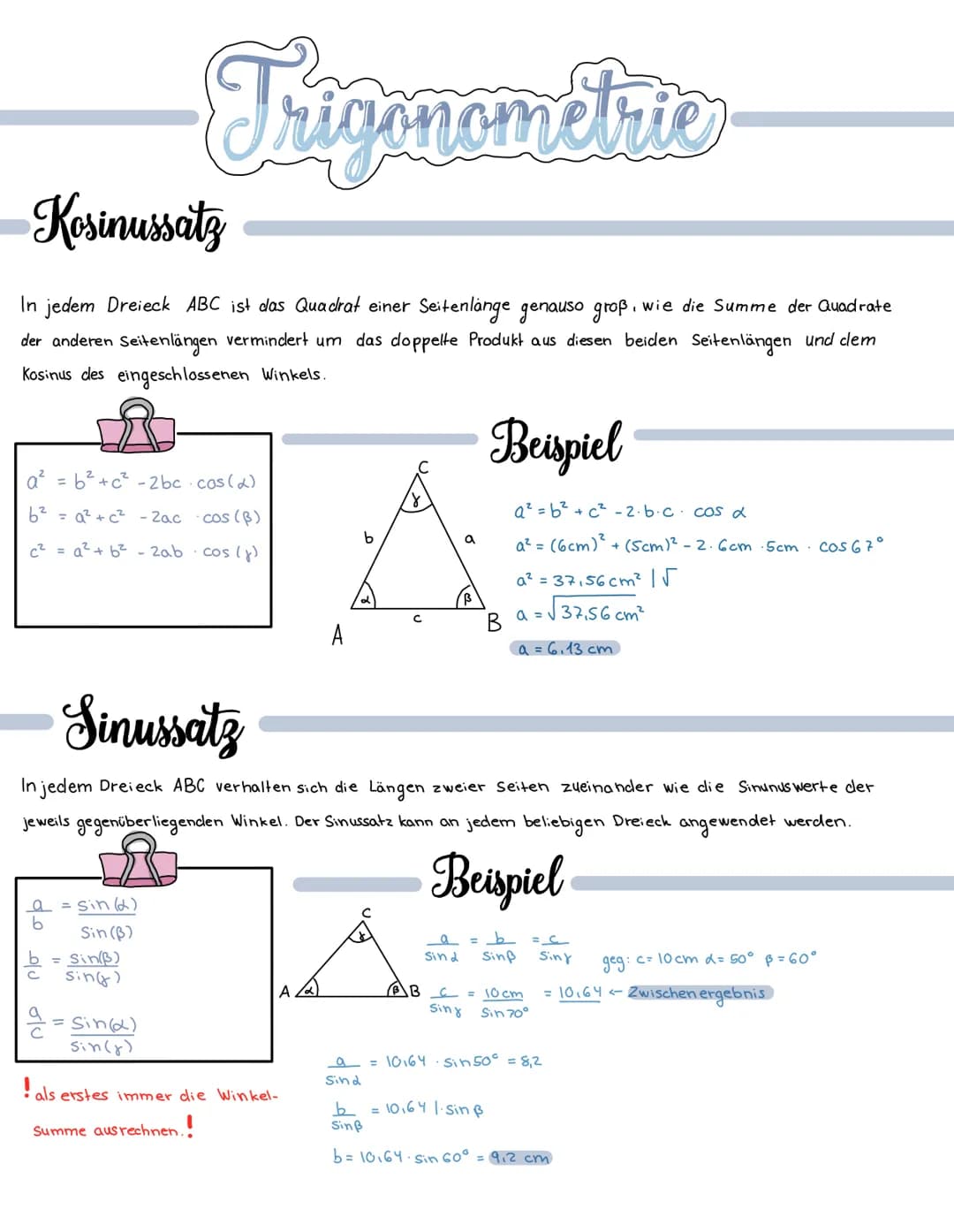 # Trigonometrie





b

C

C

B

b

C

Cos/tan und sin nur im rechtwinkligen Dreieck anwenden

sin = Gegenkathete
Hypotenuse

COS = Ankathet