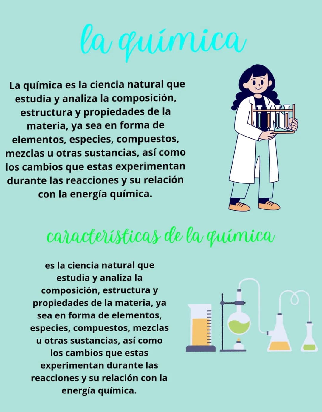 la química

La química es la ciencia natural que
estudia y analiza la composición,
estructura y propiedades de la
materia, ya sea en forma d