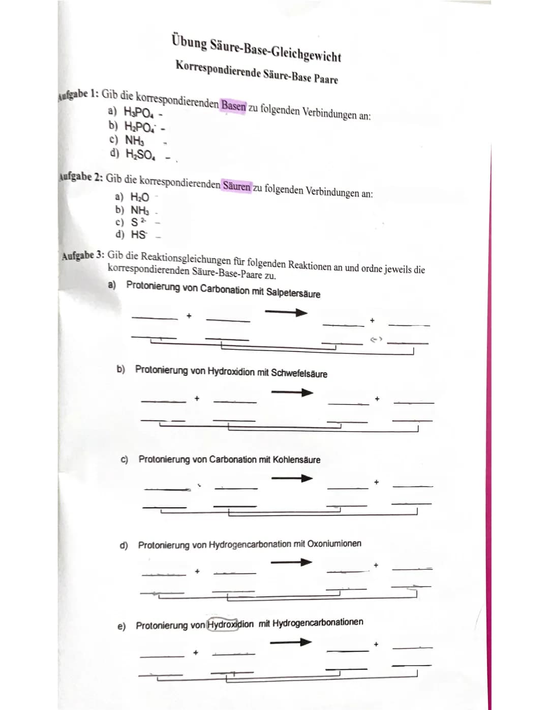 # Säure-Basen-Theorie

Säuren
Salzsäure HCI
Salpetersäure HNO3
Schwefelsäure H2SO4
Schweflige Säure H2SO3
Phosphorsäure H3PO4
Kohlensäure H₂