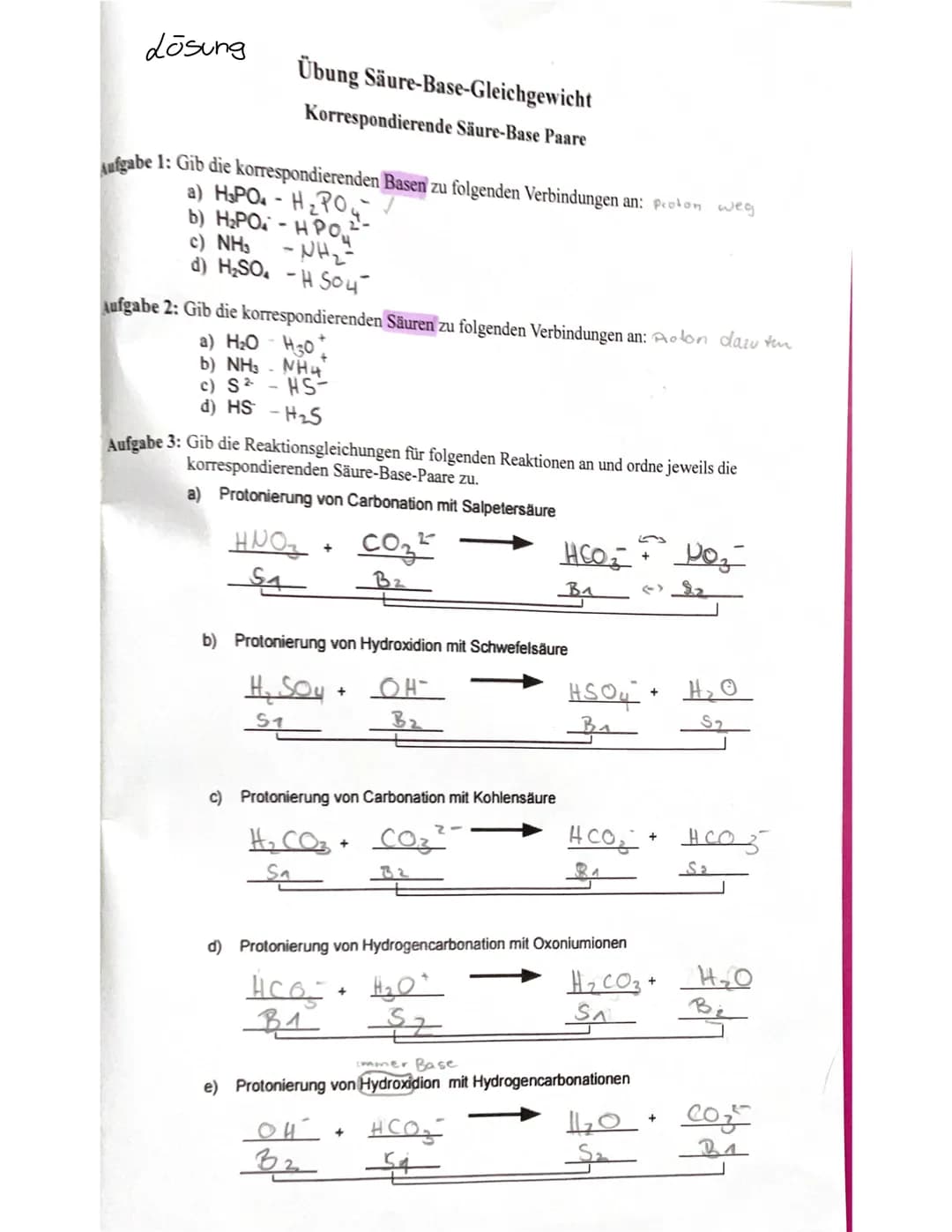 # Säure-Basen-Theorie

Säuren
Salzsäure HCI
Salpetersäure HNO3
Schwefelsäure H2SO4
Schweflige Säure H2SO3
Phosphorsäure H3PO4
Kohlensäure H₂