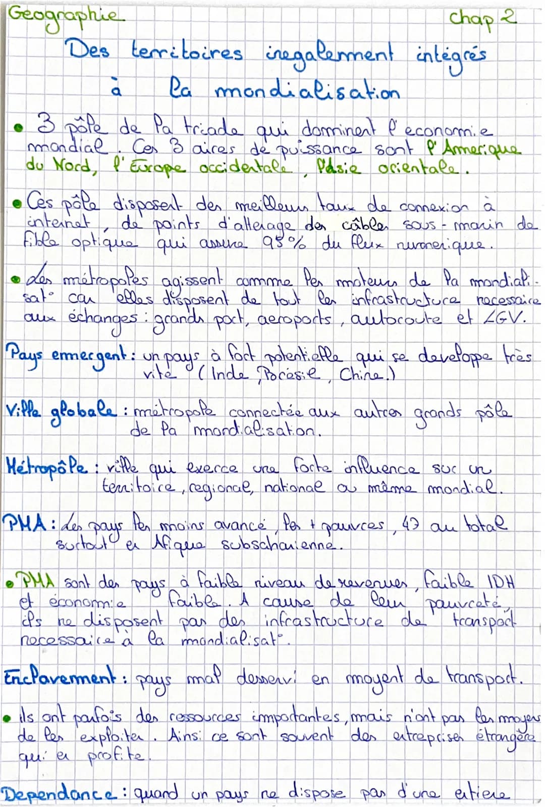 Geographie
Chap 2
Des territoires iregalement intégrés
à la mondialisation

• 3 pôle de Pa triade qui dominent l'economie
mandial. Ces 3 air