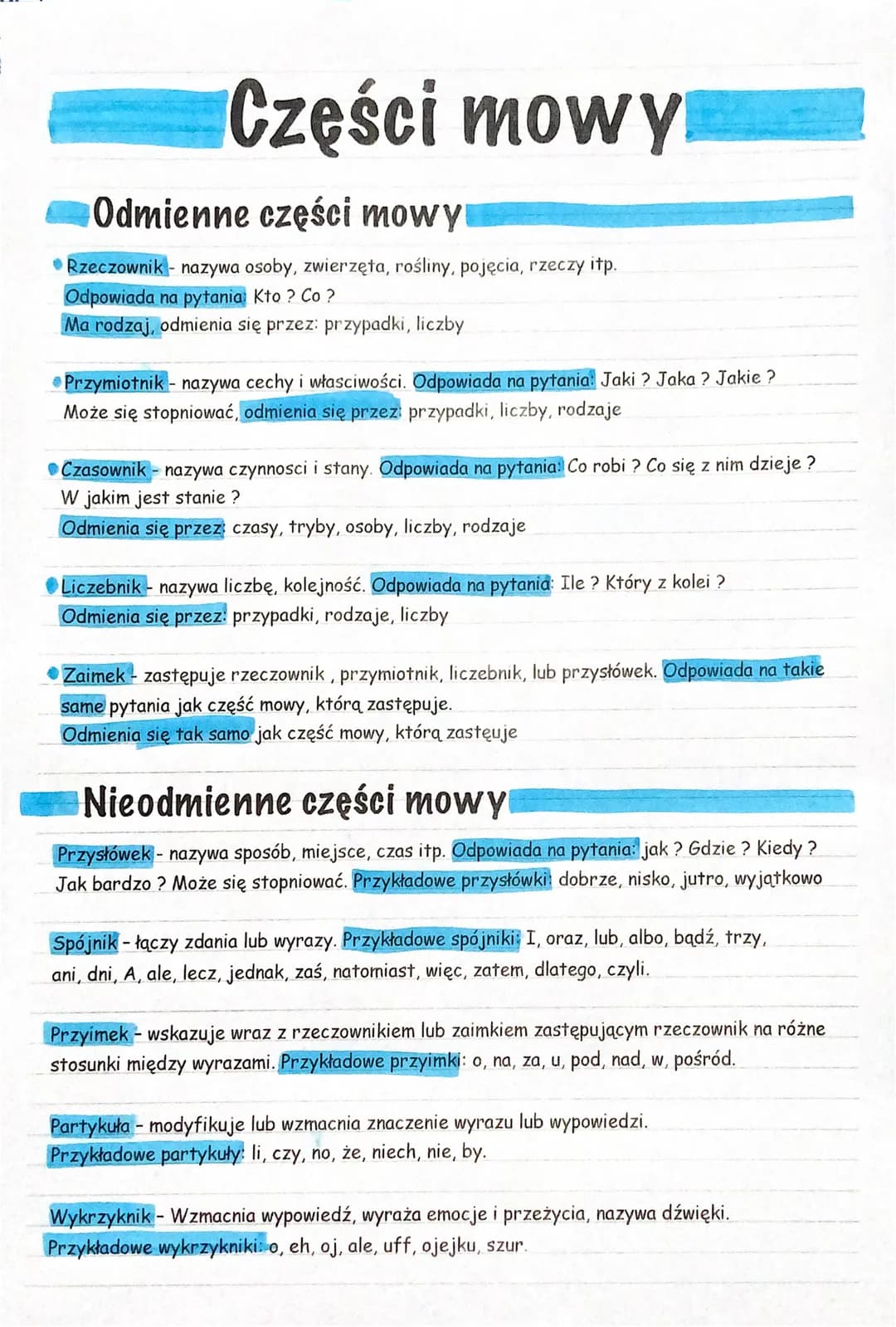 # Części mowy

Odmienne części mowy

*   Rzeczownik - nazywa osoby, zwierzęta, rośliny, pojęcia, rzeczy itp.
    Odpowiada na pytania: Kto? 