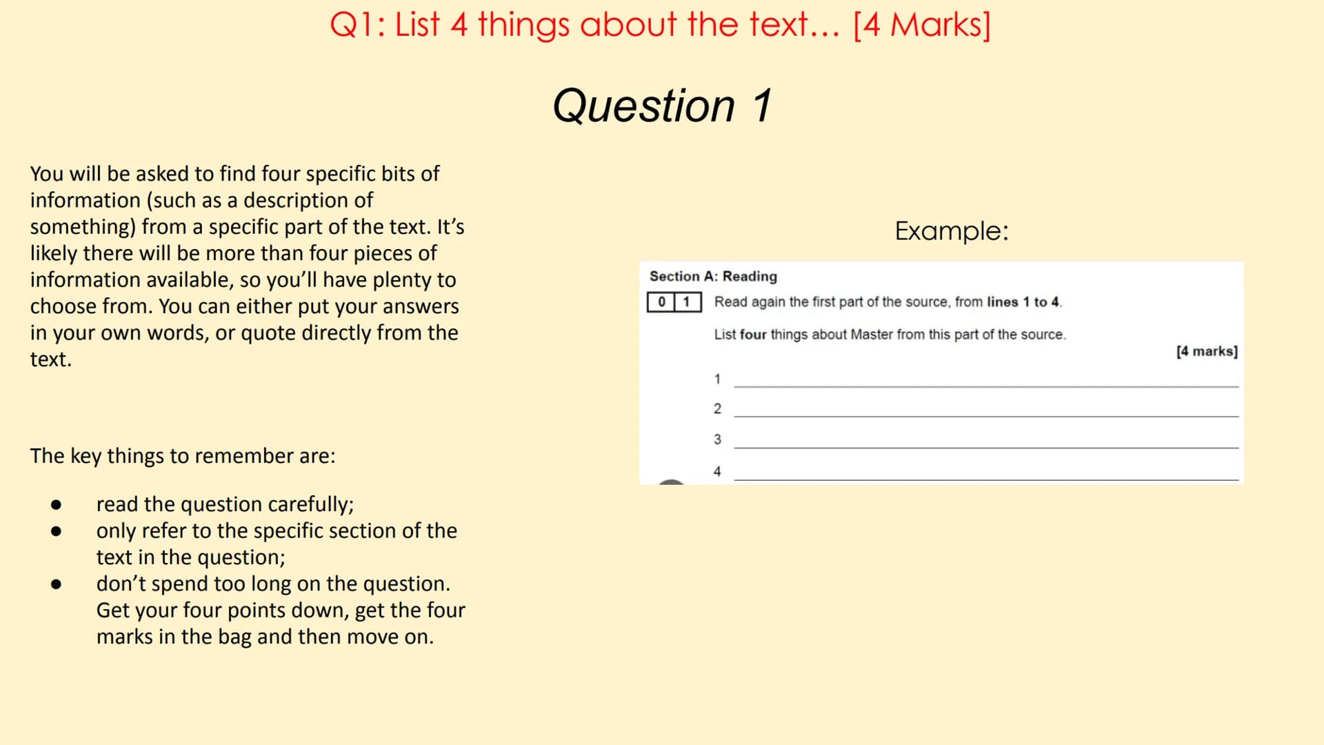 # English Language Paper 1

(AQA) # Paper 1 Overview

Language Paper 1 has 5 questions in total:

*   Q1: List 4 things about the text... [4