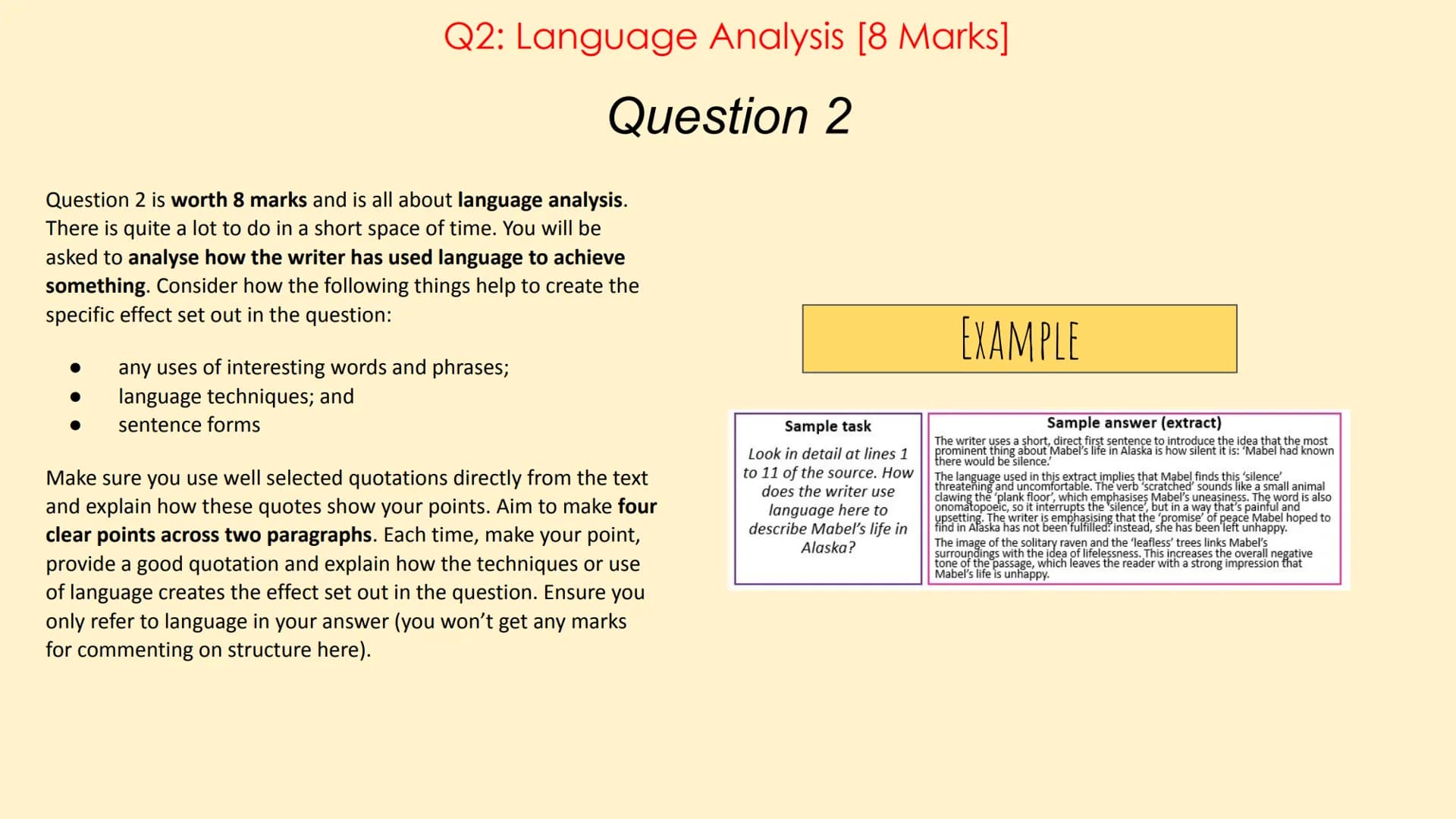 # English Language Paper 1

(AQA) # Paper 1 Overview

Language Paper 1 has 5 questions in total:

*   Q1: List 4 things about the text... [4