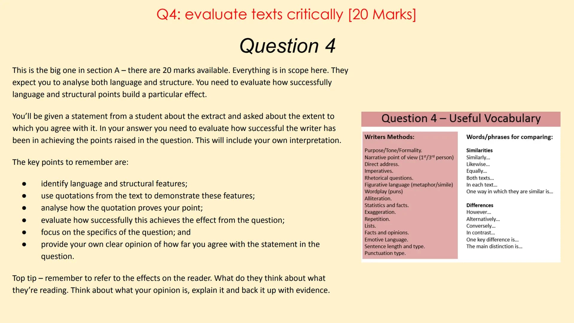 # English Language Paper 1

(AQA) # Paper 1 Overview

Language Paper 1 has 5 questions in total:

*   Q1: List 4 things about the text... [4
