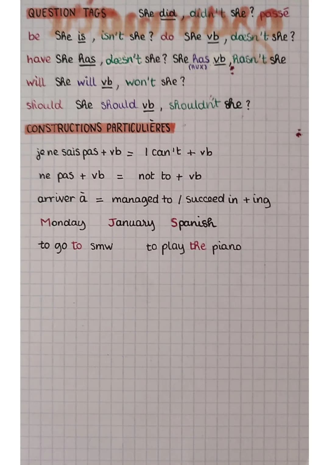 # grammaire

PRESENT

simple
habitude/vérité générale

base verbale

FUTUR

simple
act future d's son ensol

will + base vb

continu
action 