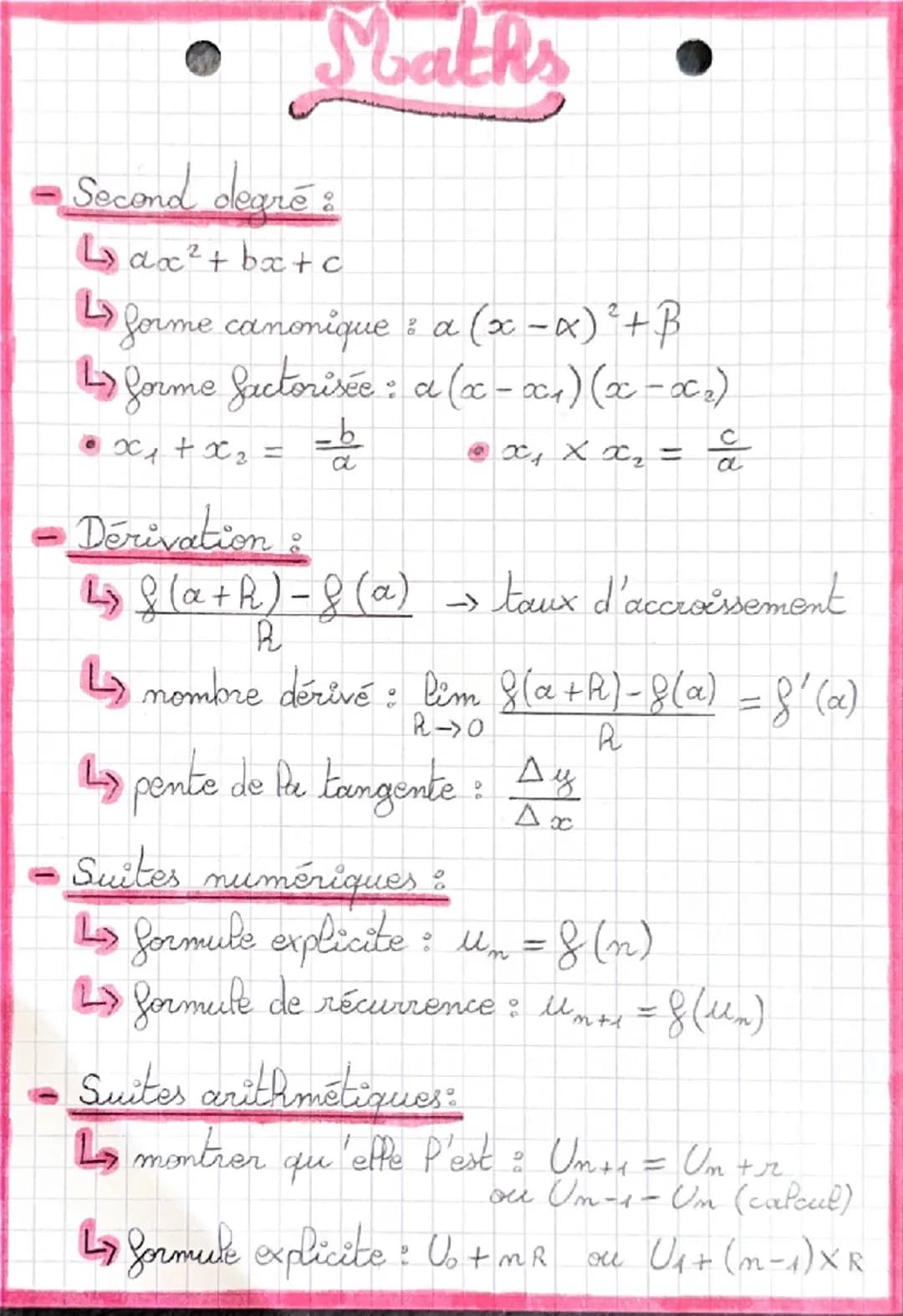 # Maths

- Second degré :

$Lax^2 + bx + c$

$L$ forme canonique : $a (x-\alpha)^2+\beta$

$L$ forme factorisée: $a (x-x_1)(x-x_2)$

- $x_1 