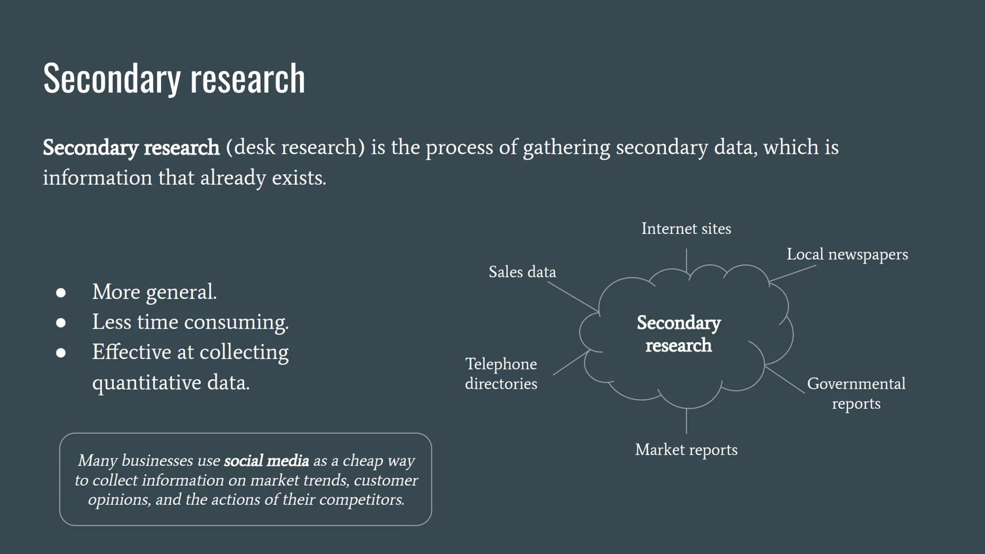 # Types of Market Research # Primary research

Primary research (field research) is collecting information that did not exist before. This f