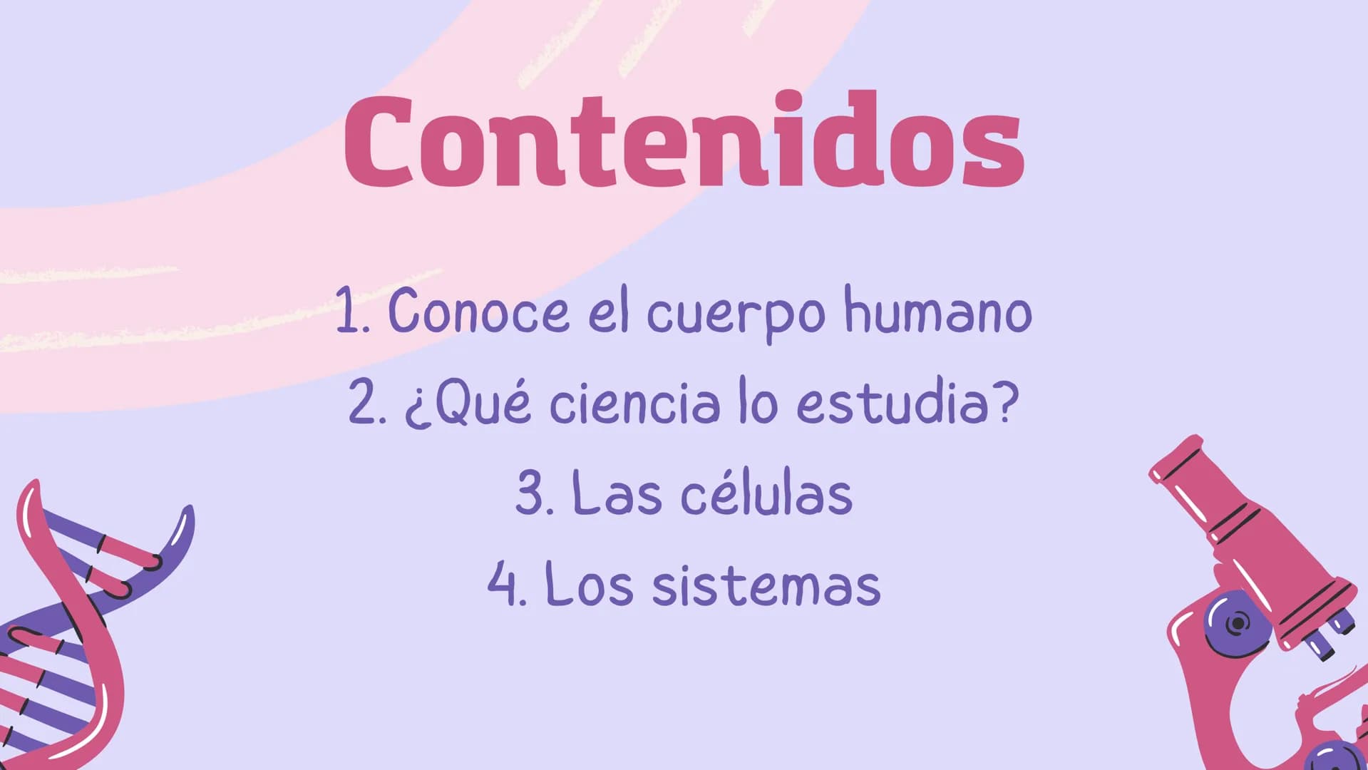 El
funcionamiento
del cuerpo
humano Contenidos

1. Conoce el cuerpo humano
2. ¿Qué ciencia lo estudia?
3. Las células
4. Los sistemas # Cono