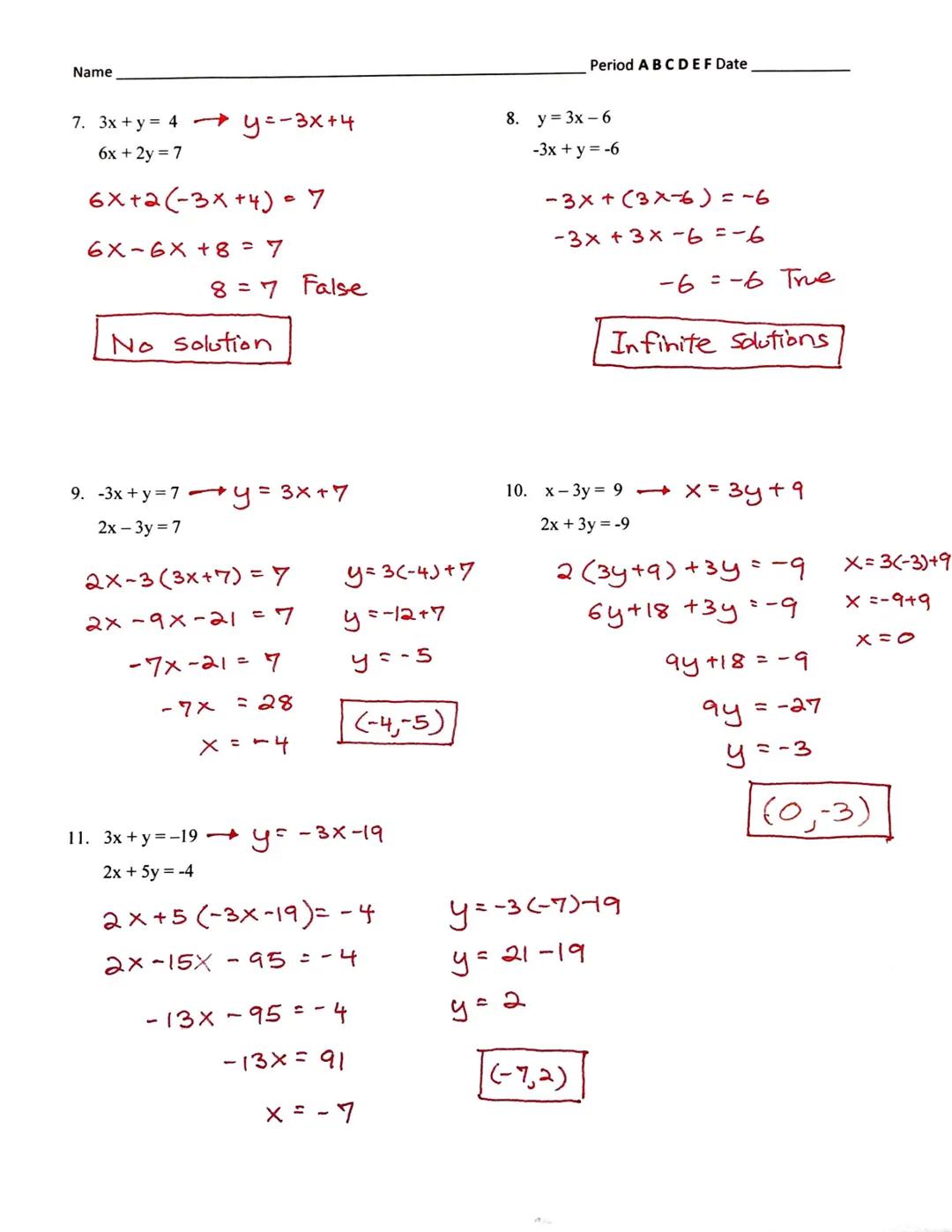 # Substitution Practice

1. 8x+6y = 16
y=4

$8X+6(4)=16$
$8x+24=16$
$8x = -8$
$x=-1$

(-1,4)

3. -x-4y = 20
y = -6x + 18

$-X-4(-6x+18)=20$
