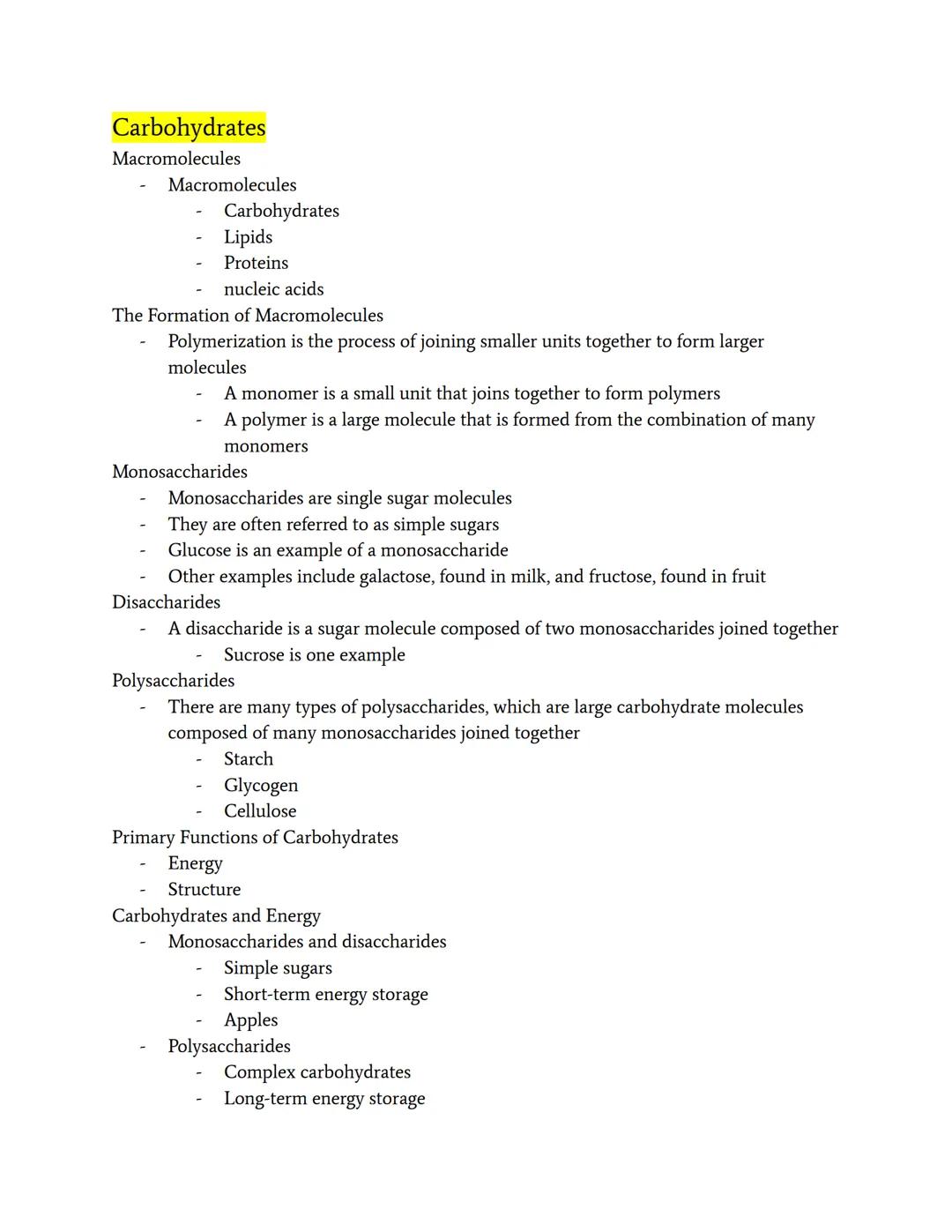# Carbohydrates
Macromolecules
- Macromolecules
  - Carbohydrates
  - Lipids
  - Proteins
  - nucleic acids
The Formation of Macromolecules
