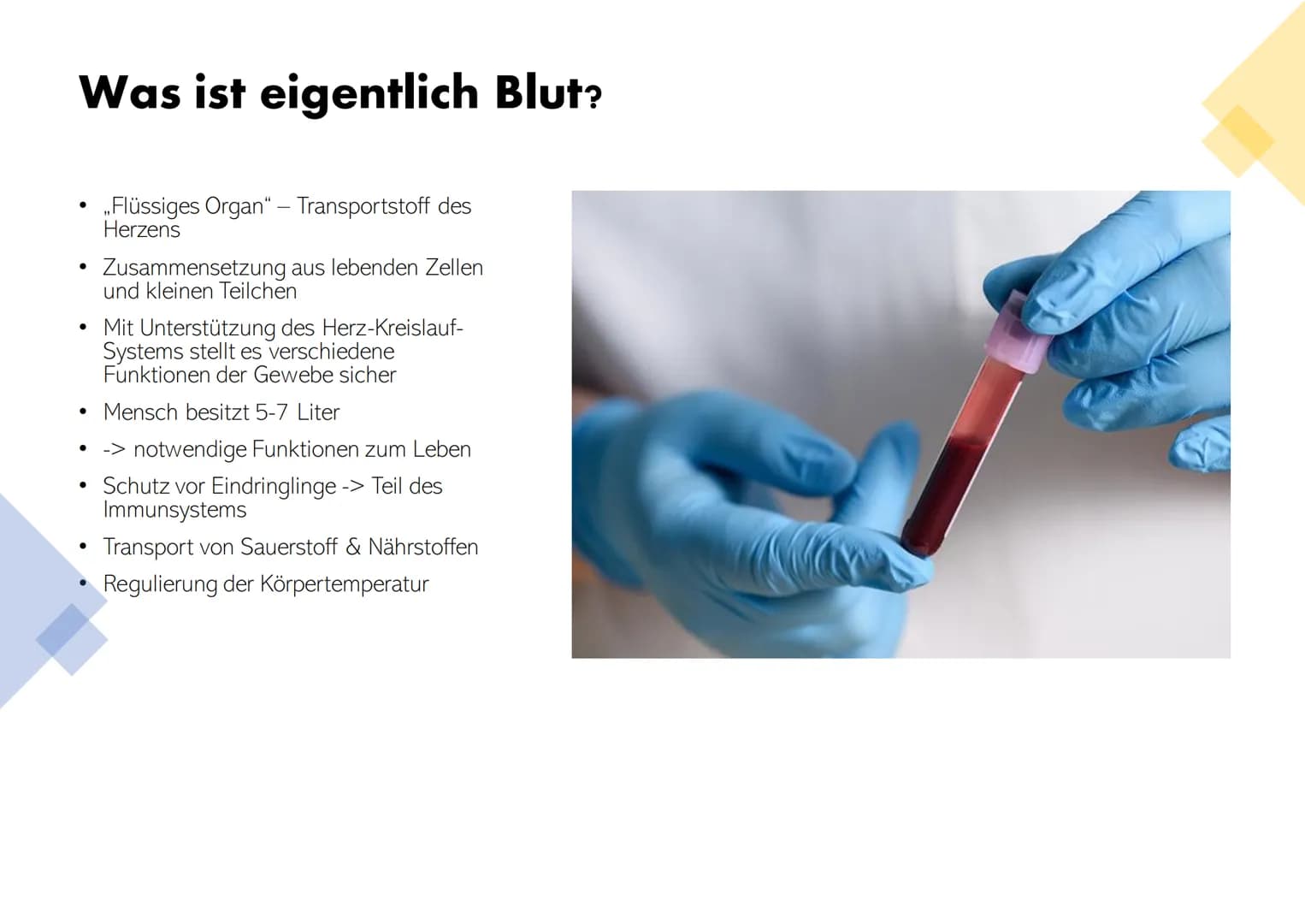 # Die Zusammensetzung und Aufgaben des Blutes Gliederung

• Was ist eigentlich Blut?
• Zusammensetzungen & Aufgaben von Blut
• Blutplasma
• 