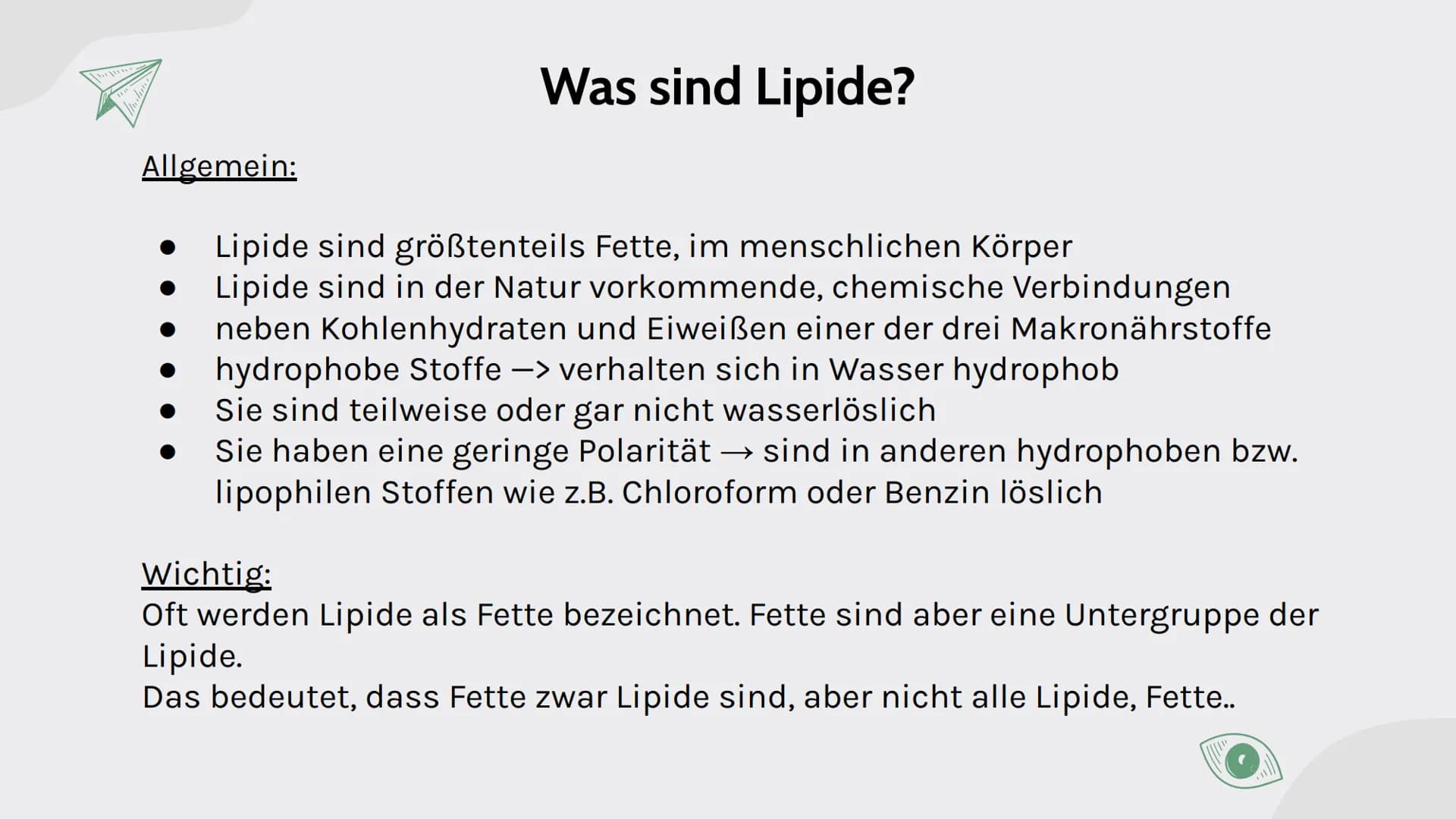 D
B
C
K
Lipide
von Maja, Sarah, Carla, Johanna und Assia
$A+B=C$ A+B=C

# Inhalt

01

# Lipide

- Was ist das?
- Verschiedene Arten
- gesätt