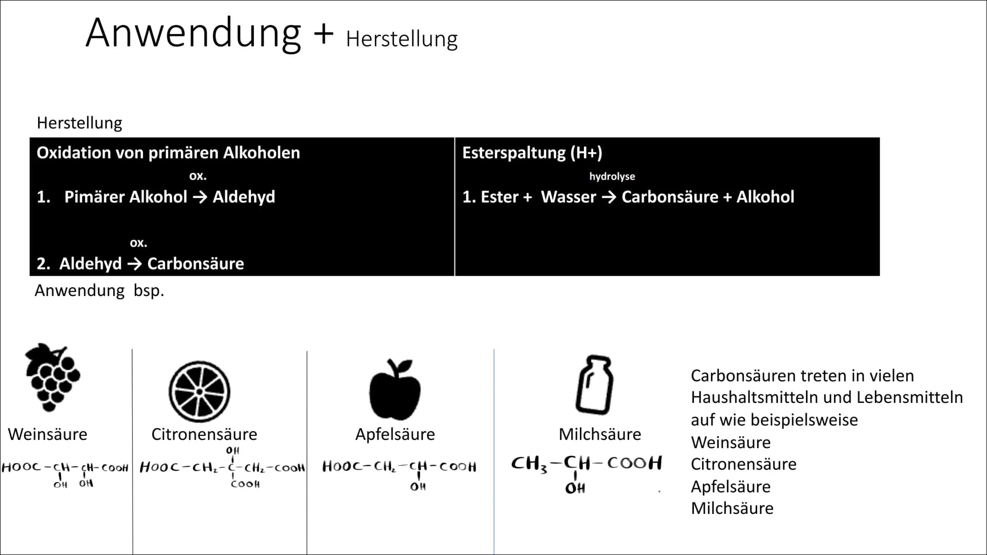 Carbonsäure

Von Paula, Sarah, Victoria,
Celine, Malte Inhaltsverzeichnis

• Funktionelle Gruppe
• Synthese
• Anwendung + (Herstellung)
• Ei