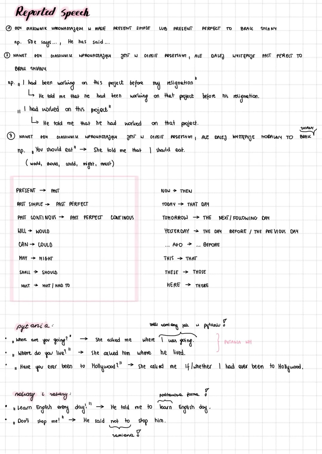 # Reported Speech

① GO4 MASOWNIK WPRONADIAJĄCY W MASIE PRESENT SIMPLE LUB PRESENT PERFECT TO BRAU ZMIANY

np. She says.... He has said...


