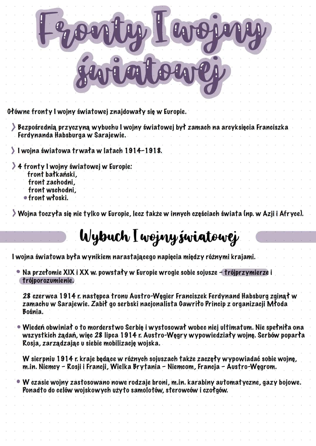 # Fronty I wojny
Światowej

Główne fronty I wojny światowej znajdowały się w Europie.

> Bezpośrednią przyczyną wybuchu I wojny światowej by