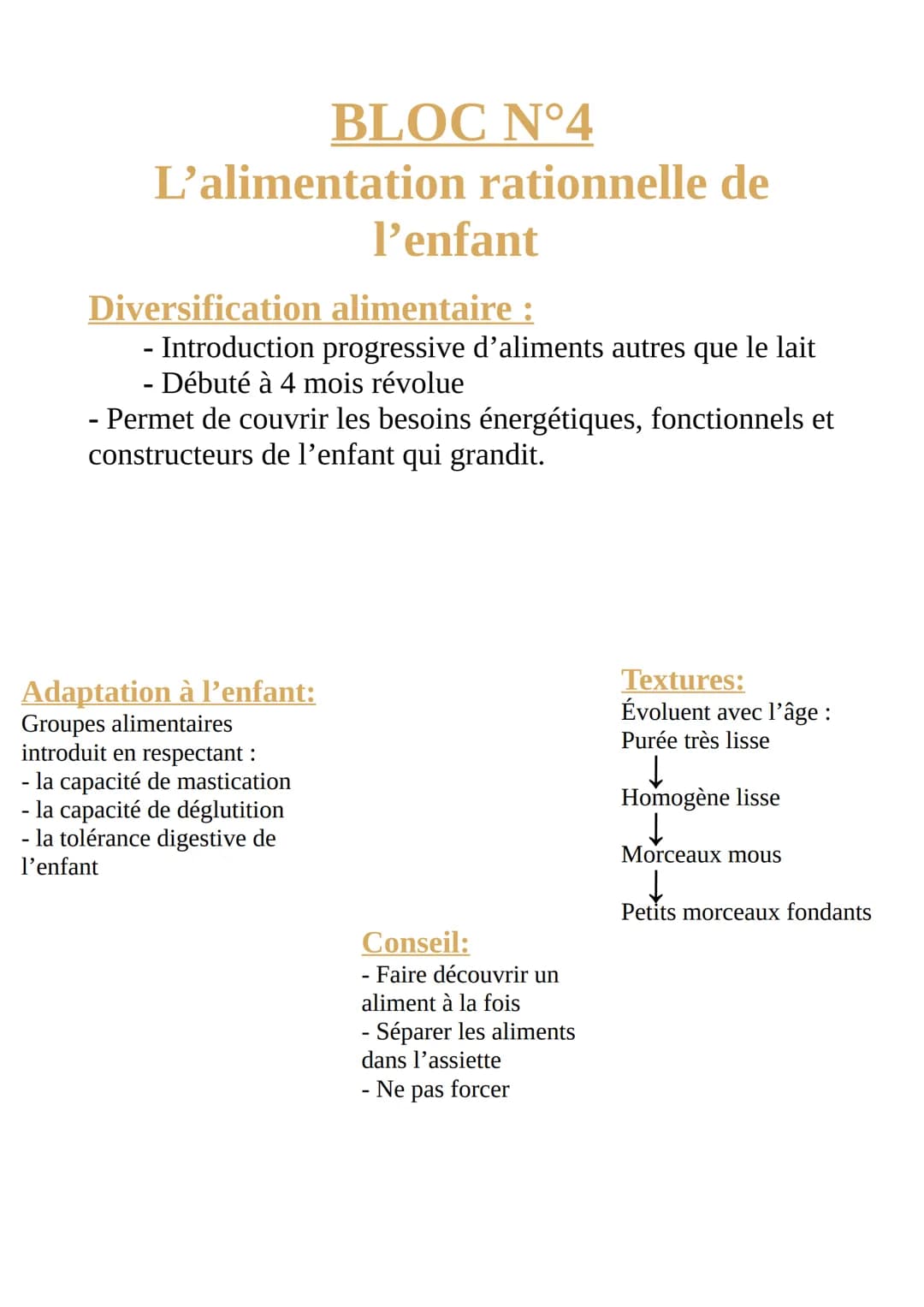# BLOC N°4

L'alimentation rationnelle de
l'enfant

Diversification alimentaire :

- Introduction progressive d'aliments autres que le lait
