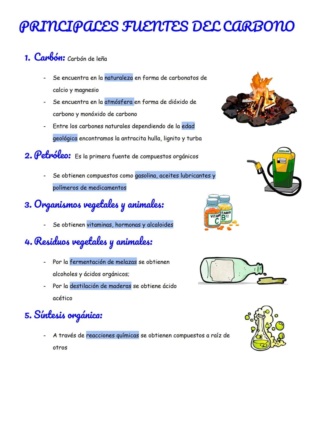 # PRINCIPALES FUENTES DEL CARBONO

1.  Carbón: Carbón de leña

- Se encuentra en la naturaleza en forma de carbonatos de
calcio y magnesio

