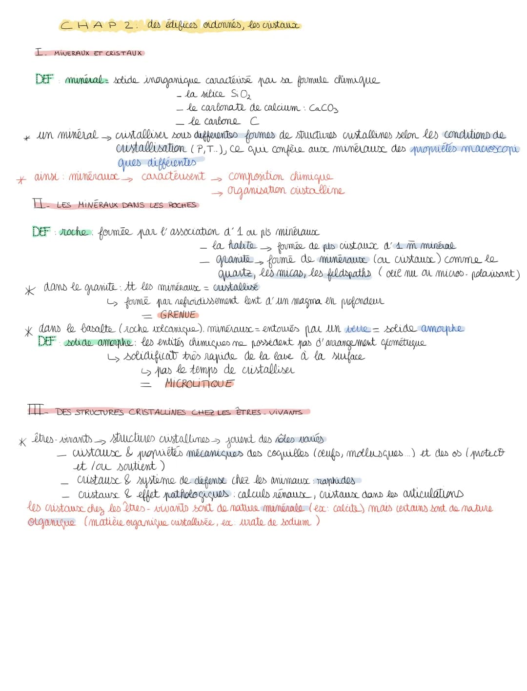# CHAP 2. des édifices ordonnés, les cristaux

I. MINERAUX ET CRISTAUX

DEF minéral solide inorganique caractérise par sa formule chimique
-