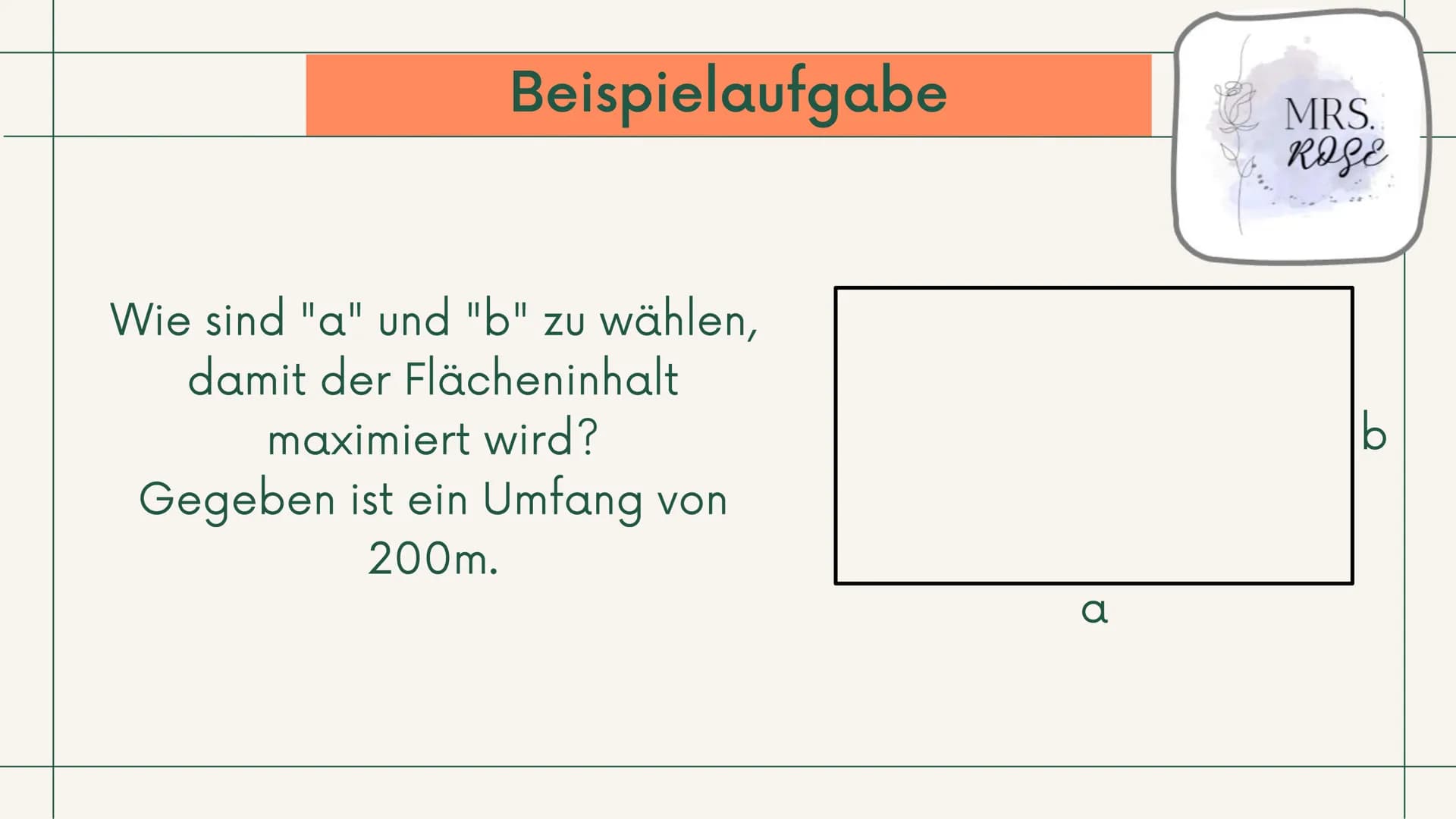 Q1 GK, Mathematik

Extremwertaufgaben
mit
Nebenbedingungen

Präsentation

MRS.
ROSE Gliederung

1. Was sind "Extremwertaufgaben"?
2. Vorgehe