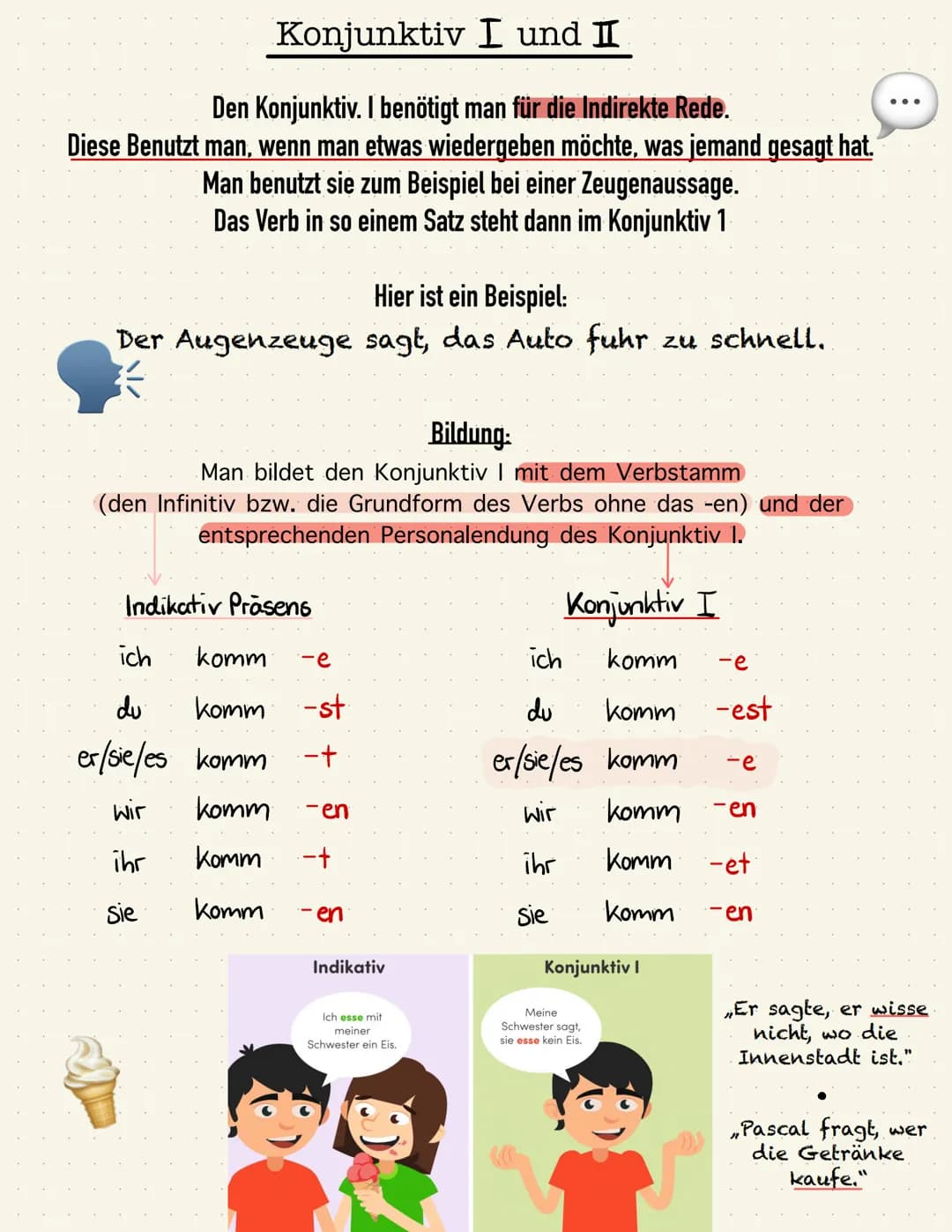 # Konjunktiv I und II

Den Konjunktiv. I benötigt man für die Indirekte Rede.
Diese Benutzt man, wenn man etwas wiedergeben möchte, was jema