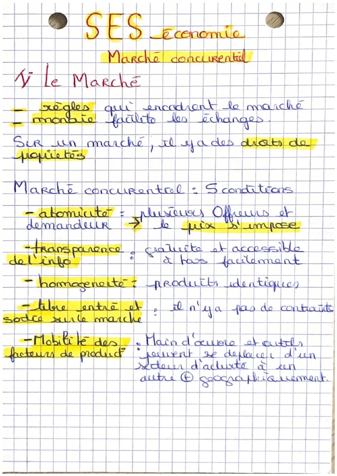 # SES Economic
Marché concurentid

V Le Marché

- règles qui encadrent le marché
- monare facilite les échanges

SUR un marché, il y a des d