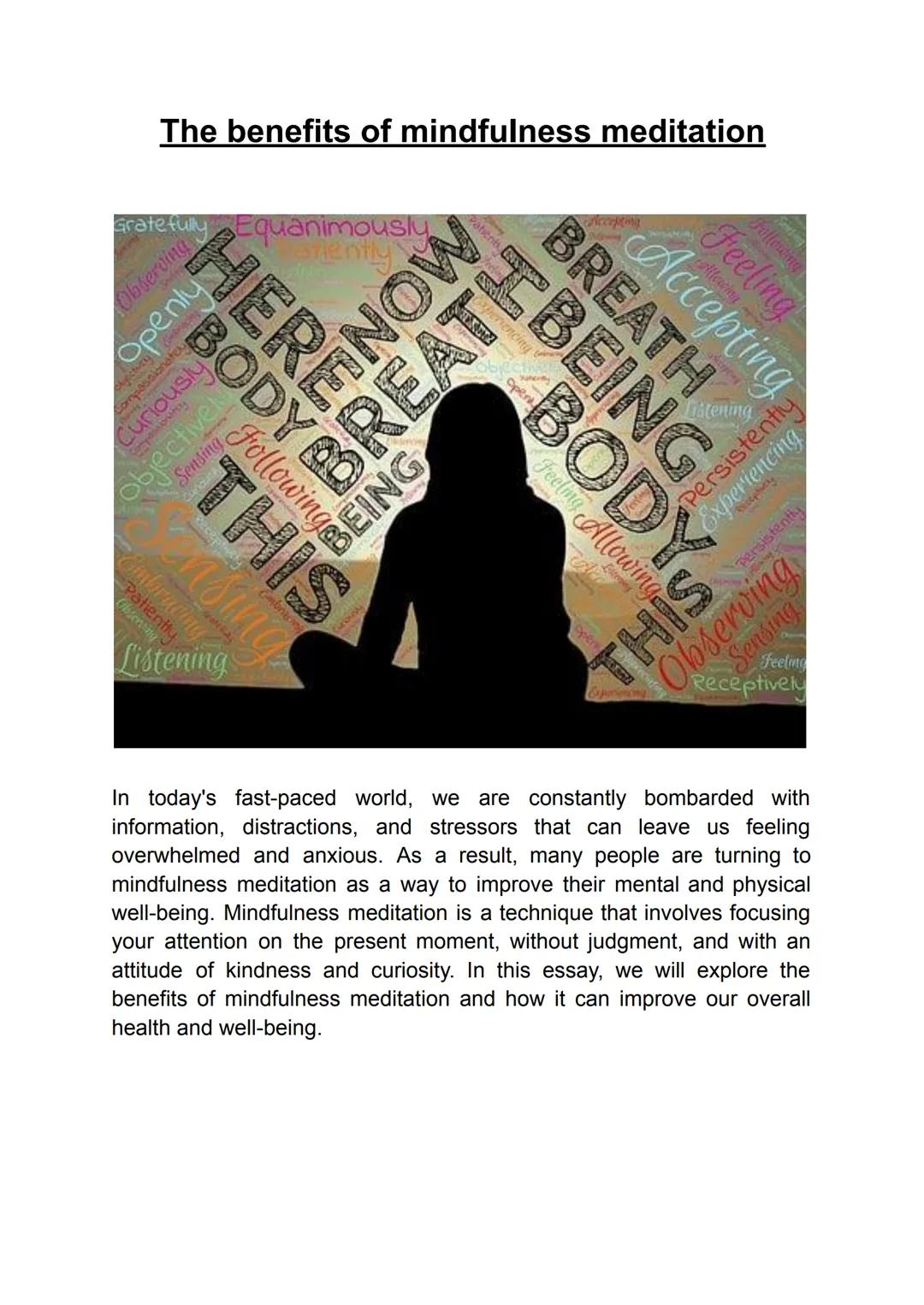 # The benefits of mindfulness meditation

Gratefully
Equanimously
atiently
Feeling
BREATH
Accepting
tening
IBEING
THIS
Persistentiu
Experien