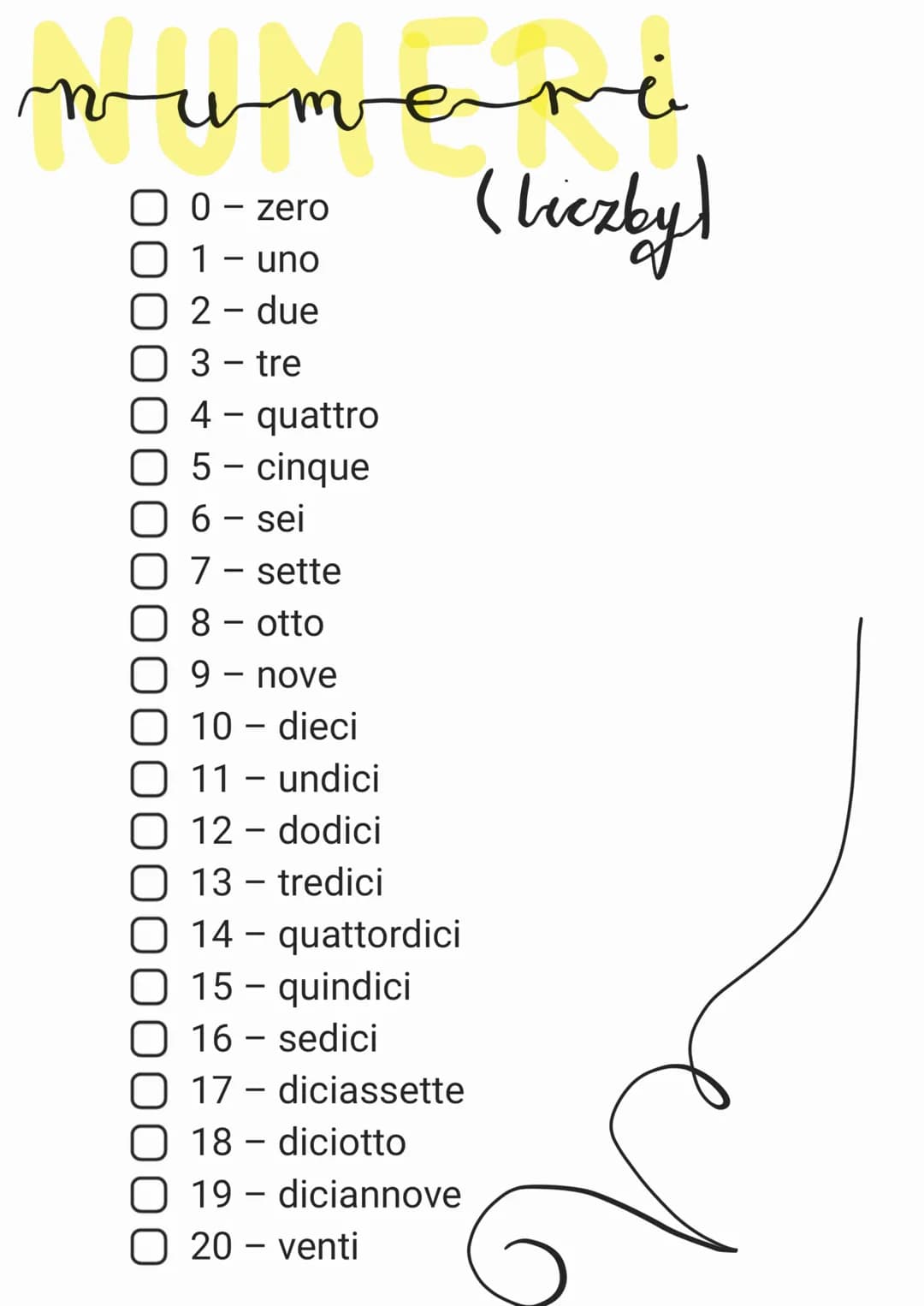 0
zero
(Liczby)
1 - uno
2 - due
3 - tre
4 - quattro
5 - cinque
6 - sei
7 - sette
8 - otto
9
nove
10 - dieci
11 - undici
12 - dodici
13 - tre