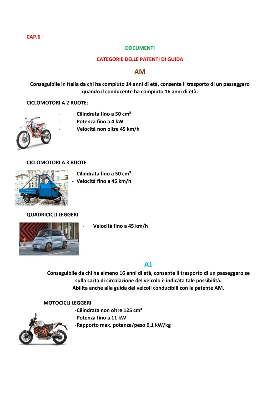 CAP.6

DOCUMENTI

CATEGORIE DELLE PATENTI DI GUIDA

AM
Conseguibile in Italia da chi ha compiuto 14 anni di età, consente il trasporto di un