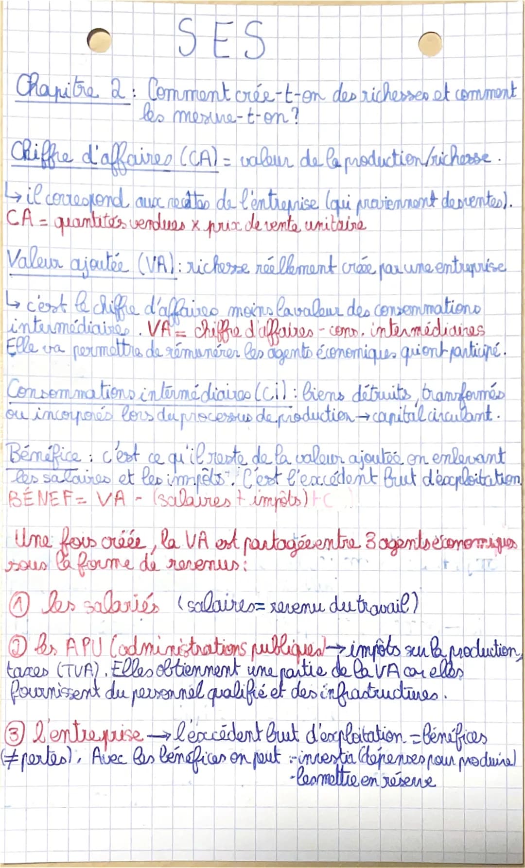 SES

Chapitre 2: Comment crée-t-on des richesses et comment
les mesure-t-on?

Chiffre d'affaires (CA) = valeur de la production/richesse.

→