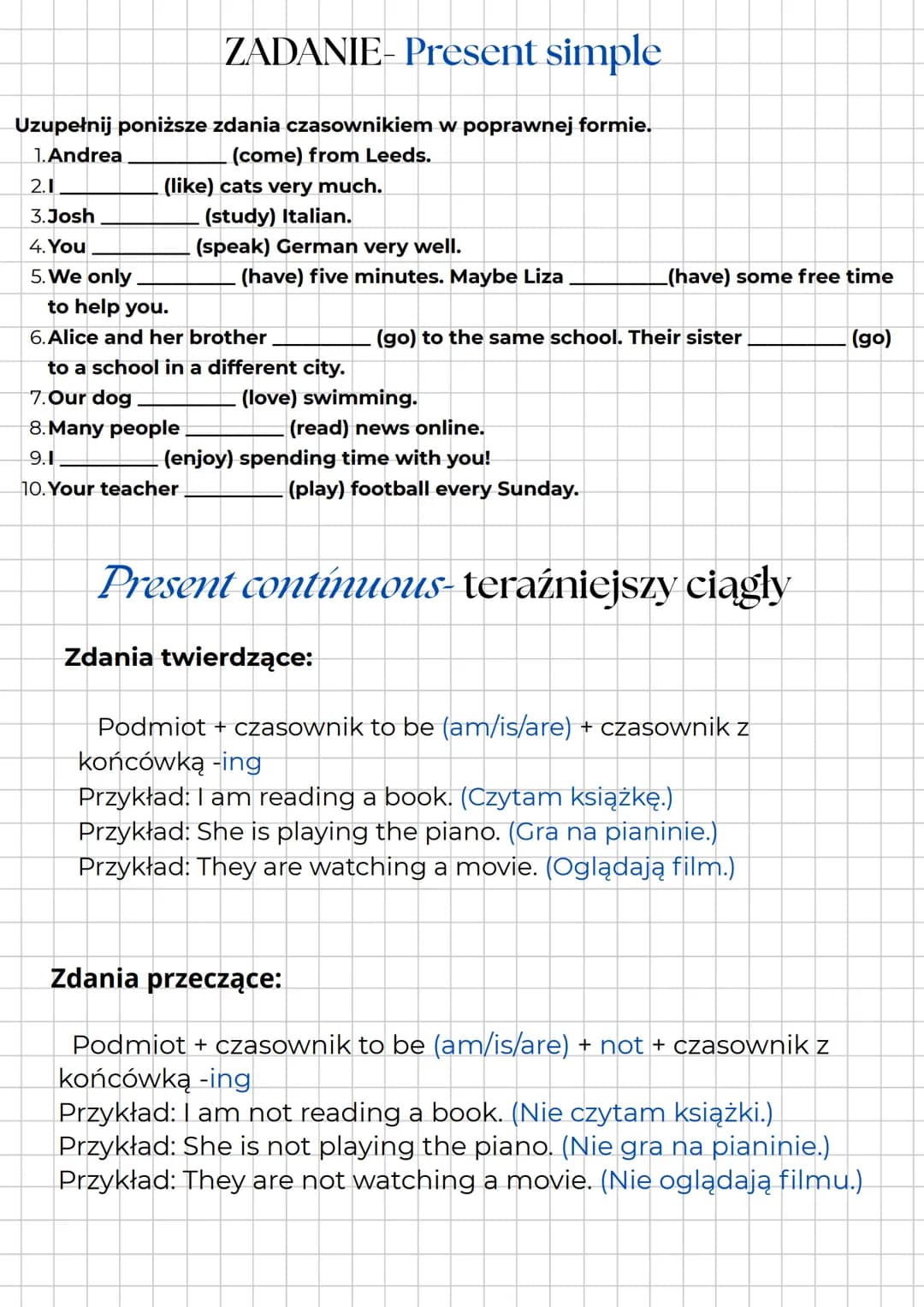 # Czasy- Język

angielski

Teraźniejsze

Powtórka-E8

Present simple-teraźniejszy prosty

Zdania twierdzące:

Podmiot + czasownik w podstawo