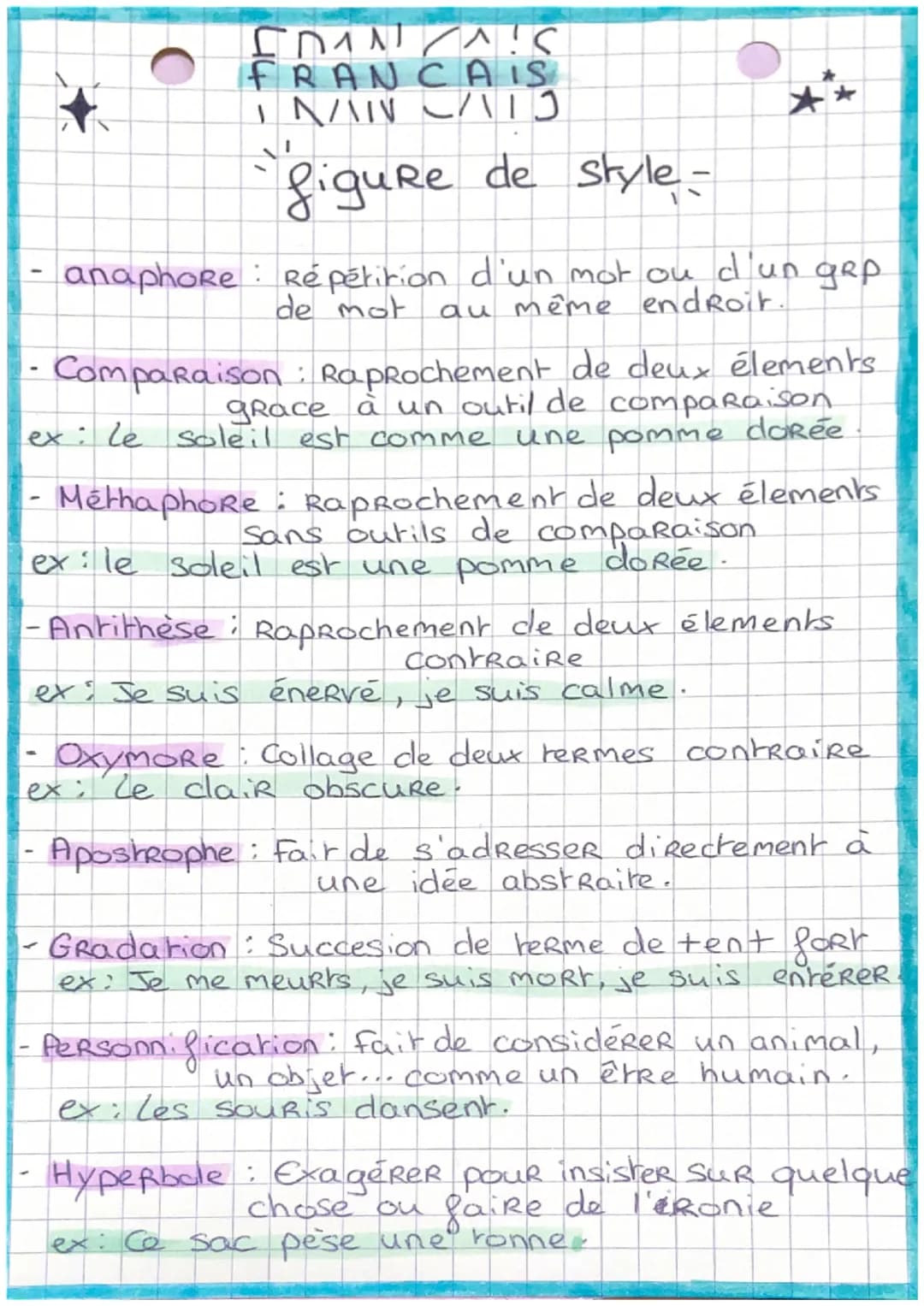 # FRANCAIS
-7/2(ハコ

figure de style=

- anaphore Répétition d'un mot ou d'un gep
de mot au même endroit.

- Comparaison: Raprochement de deu