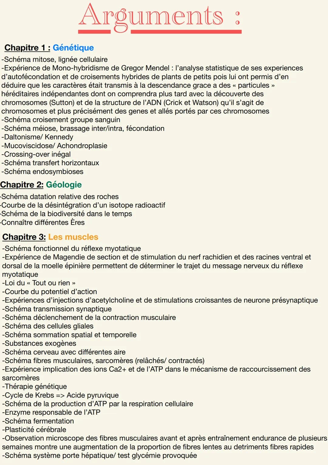# Arguments :

Chapitre 1: Génétique
-Schéma mitose, lignée cellulaire
-Expérience de Mono-hybridisme de Gregor Mendel: l'analyse statistiqu