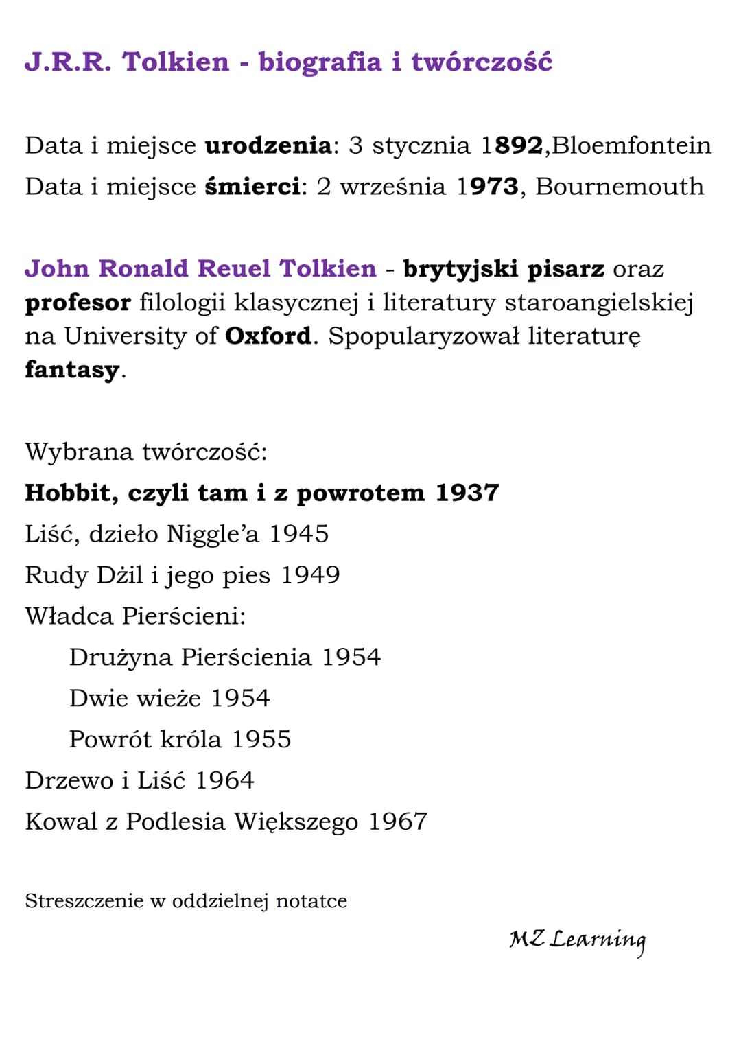 # „Hobbit, czyli tam i z
powrotem" - opracowanie

Tytuł: „Hobbit, czyli tam i z powrotem"

Autor: J.R.R. Tolkien

Czas akcji: Trzecia Era Śr