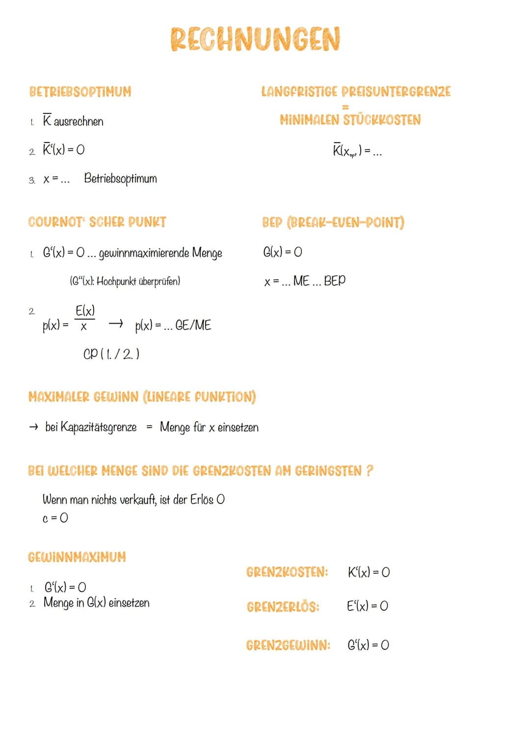 # KOSTEN UND PREISTHEORIE

Kostenfunktion K(x) (=Gesamtkostenfunktion)

$K(x) = Ku(x) + Kf(x)$

x... produzierte Menge $\rightarrow$ in Stüc