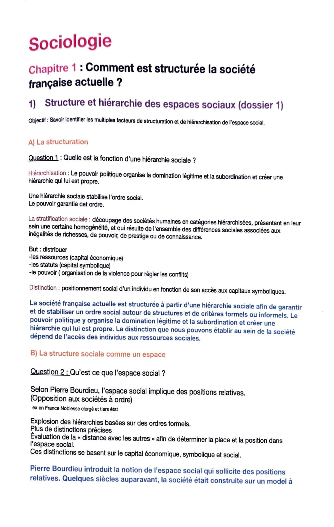 # Sociologie

Chapitre 1: Comment est structurée la société
française actuelle ?

1) Structure et hiérarchie des espaces sociaux (dossier 1)