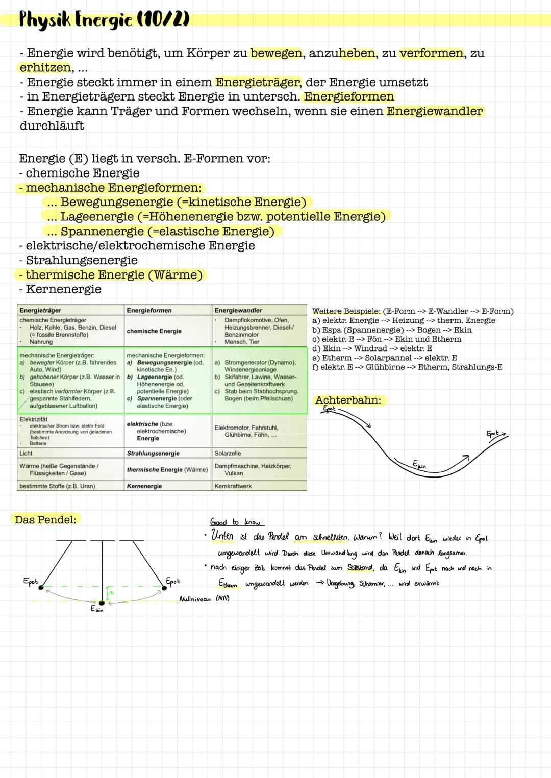 # Physik Energie (10/2)

- Energie wird benötigt, um Körper zu bewegen, anzuheben, zu verformen, zu
erhitzen,
- Energie steckt immer in eine