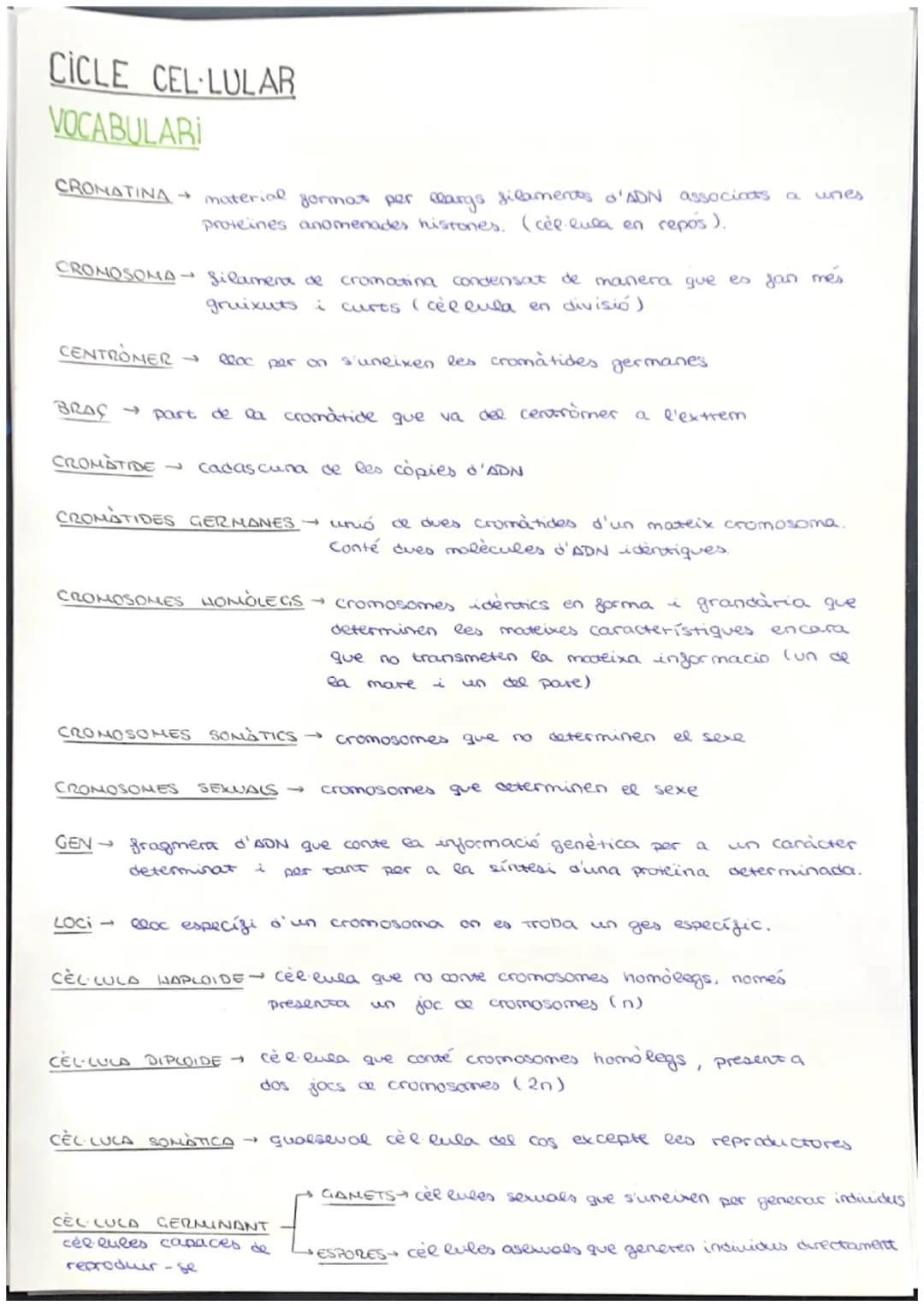 # CICLE CELLULAR

VOCABULARI

CROMATINA material format per largs silaments d'ADN associas a unes
proteines anomenades histones. (cèl·lula e
