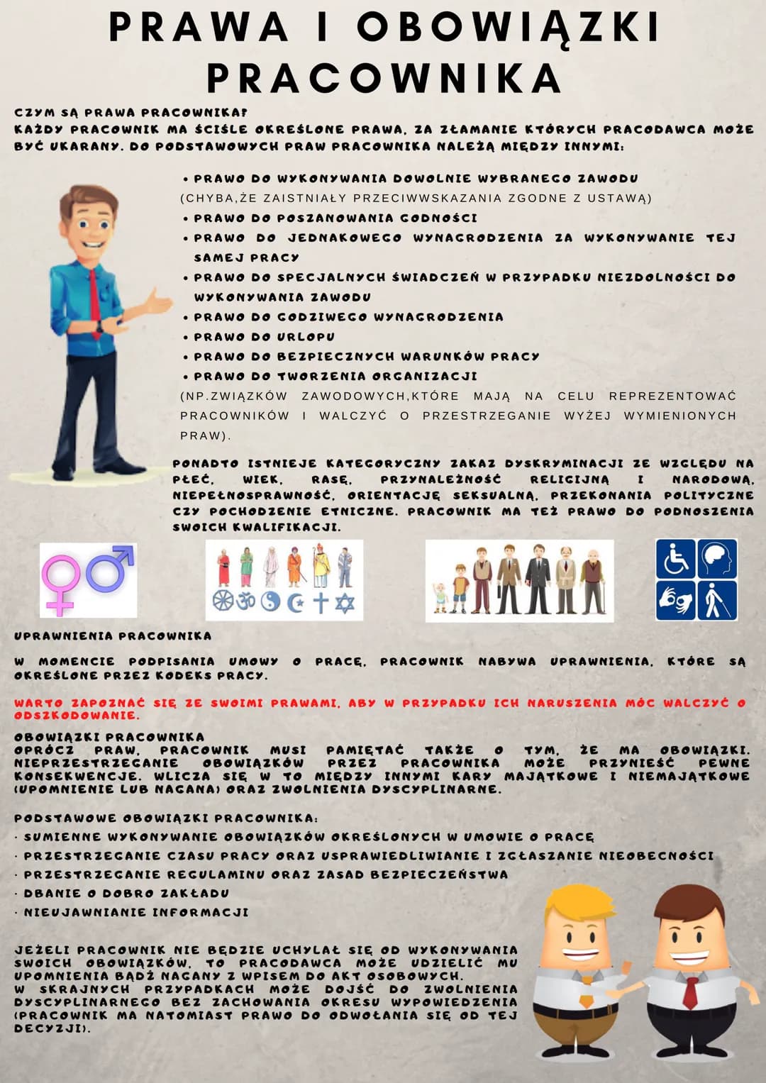 # PRAWA I OBOWIĄZKI
## PRACOWNIKA

CZYM SĄ PRAWA PRACOWNIKA?
KAŻDY PRACOWNIK MA ŚCIŚLE OKREŚLONE PRAWA, ZA ZŁAMANIE KTÓRYCH PRACODAWCA MOŻE
