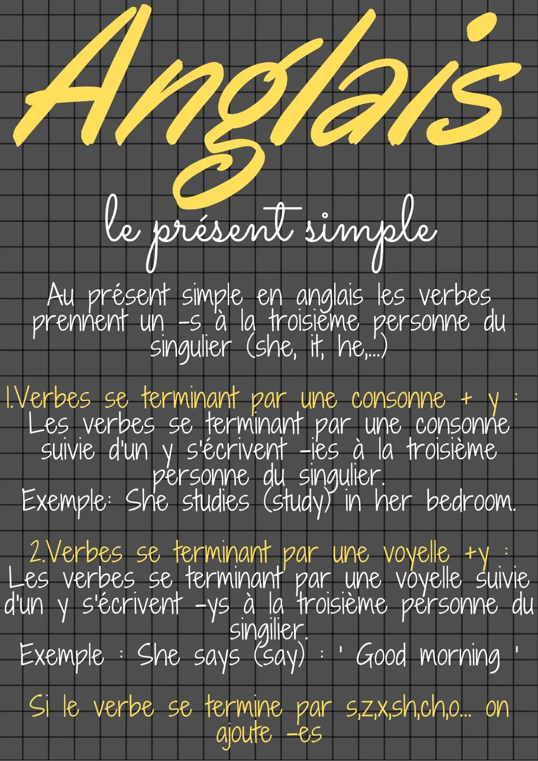 # Anglais

le présent simple

Au présent simple en anglais les verbes
prennent un -s à la troisième personne du
singulier (she, it, he,..)


