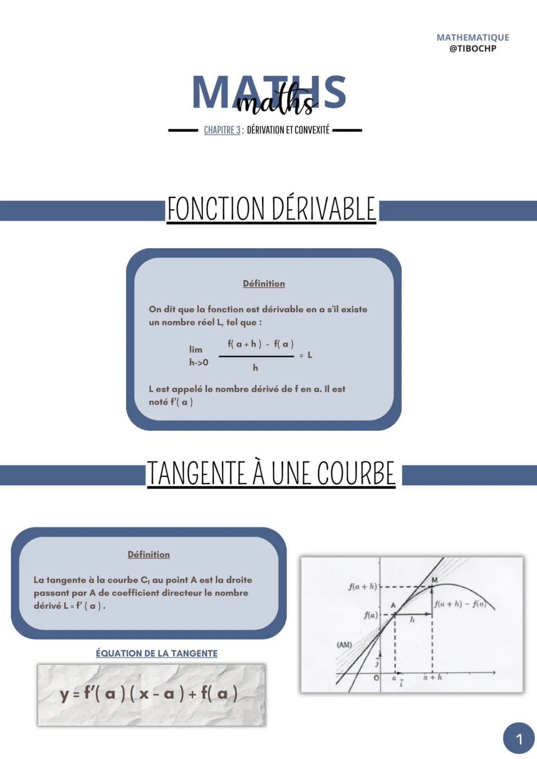 --- OCR Start ---
MATHS
CHAPITRE 3: DERIVATION ET CONVEXITÉ
FONCTION DÉRIVABLEI
Définition
On dit que la fonction est dérivable en a s'il ex