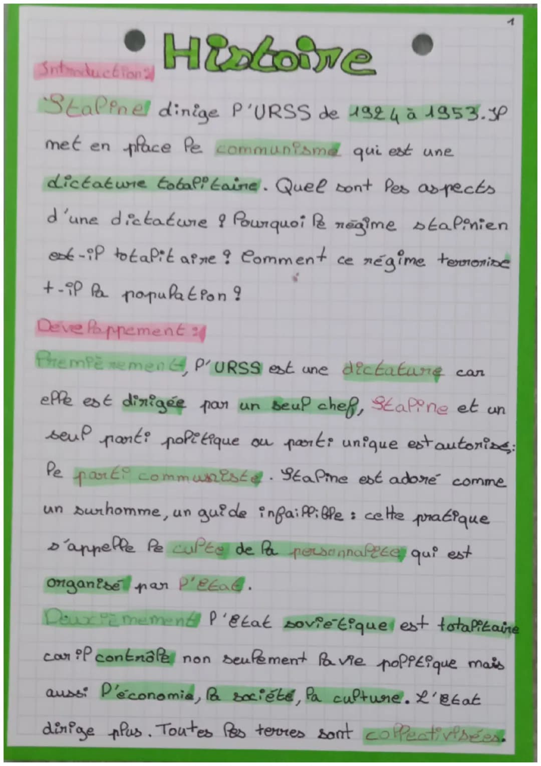 1
• Histoire
Introduction
Stalinel dinige P'URSS de 1924 à 1953.JP
met en place le communisme qui est une
dictature totalitaire. Quel sont P