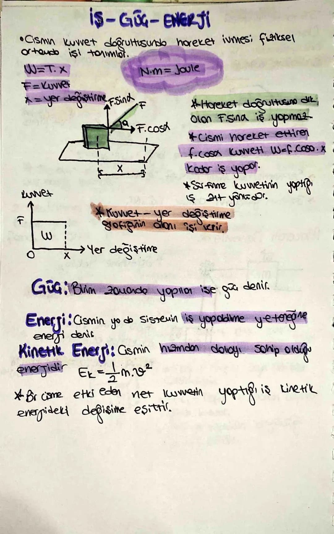 # IS-GUG-ENERJI

•Cismn kuvvet doprultusundo horeket ivmes; fiziksel
orteudo işi trimior.

W=T. x
F=Kuvver
x = yer değiştirme F.sind

N.m = 