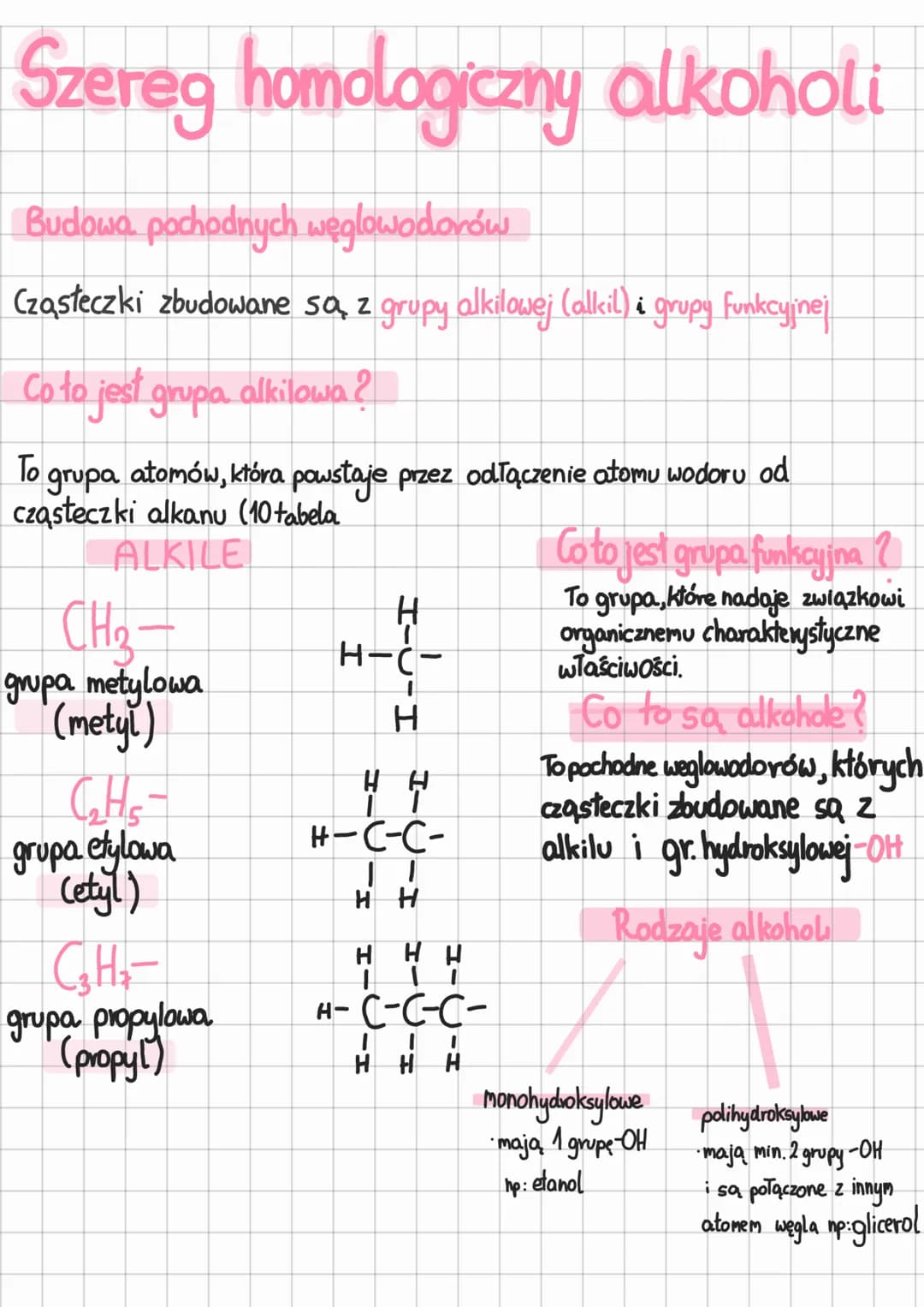 # Szereg homologiczny alkoholi

Budowa pochodnych węglowodorów

Cząsteczki zbudowane sa z grupy alkilowej (alkil) & grupy funkcyjnej

Co to 