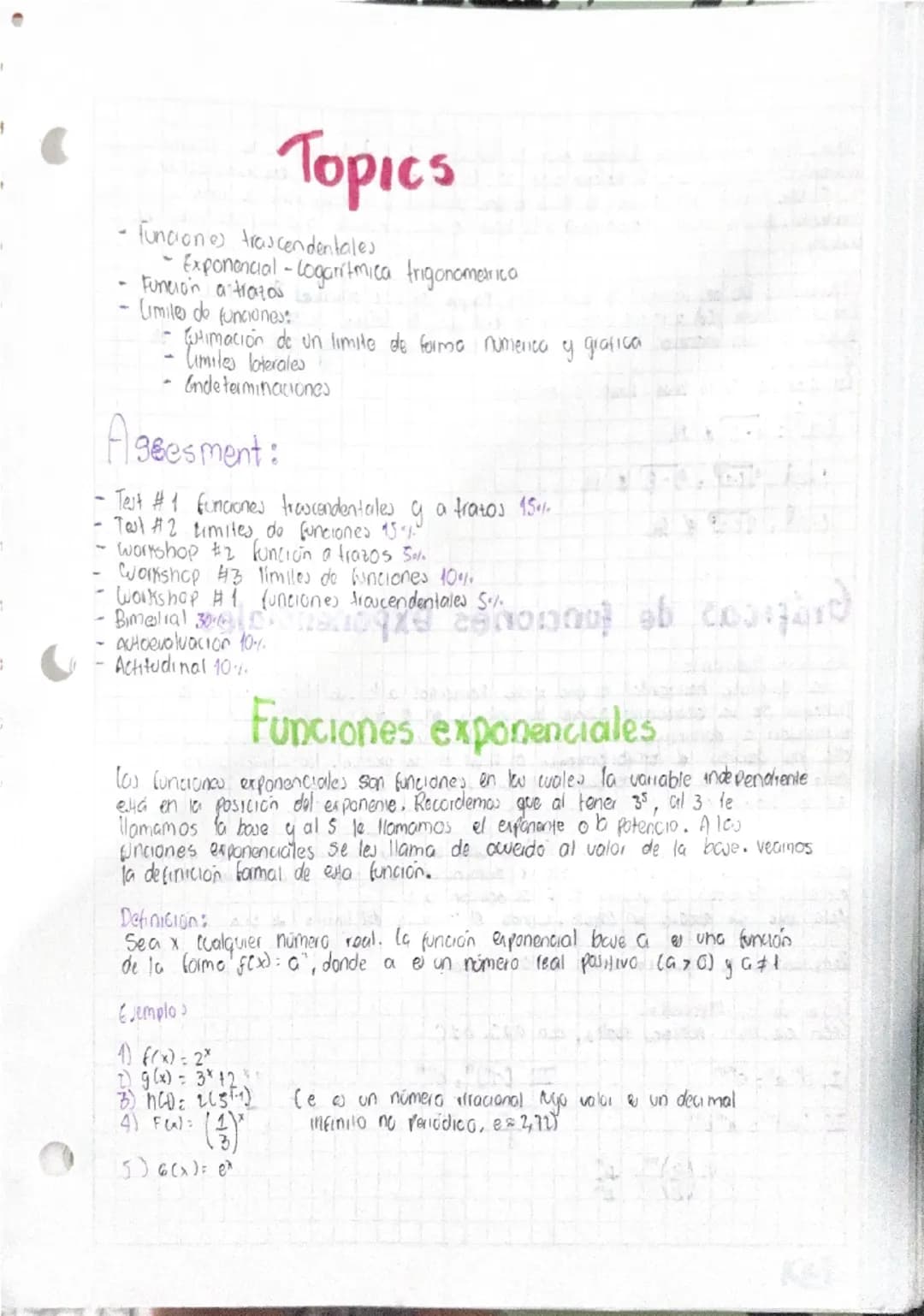 Topics
Funciones trascendentales
Exponencial-Logaritmica trigonometrica
Función a trazos
Limites de funciones:
-Estimación de un limite de f