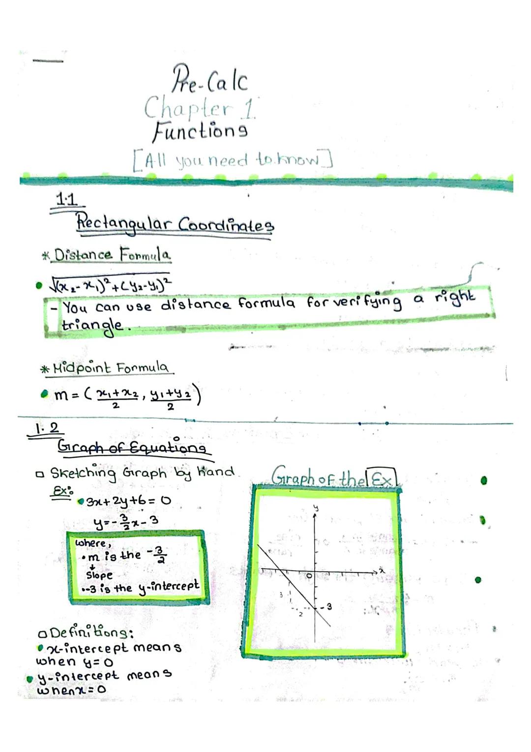 Pre-Calc
Chapter 1
Functions
[All you need to know]

1.1
Rectangular Coordinates
* Distance Formula
•$\sqrt{(x_2-x_1)^2+(y_2-y_1)^2}$
- You 