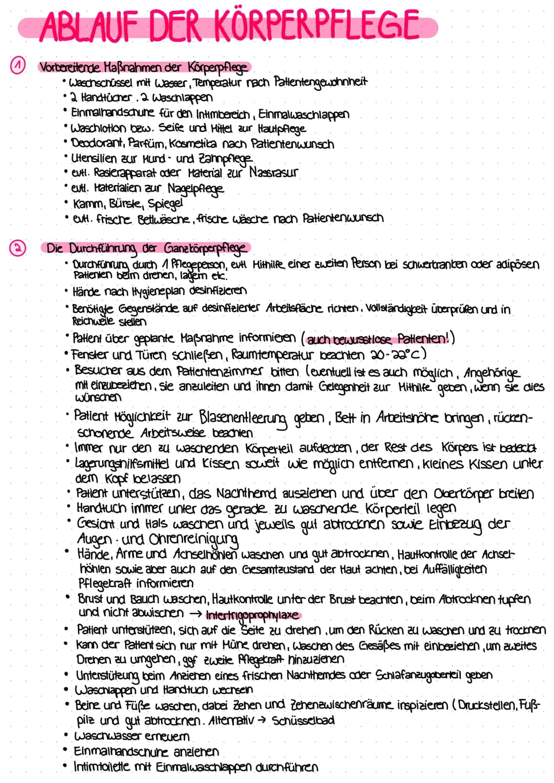 # ABLAUF DER KÖRPERPFLEGE

1.  Vorbereitende Maßnahmen der Körperpflege
    *   Waschschüssel mit Wasser, Temperatur nach Patientengewohnhei