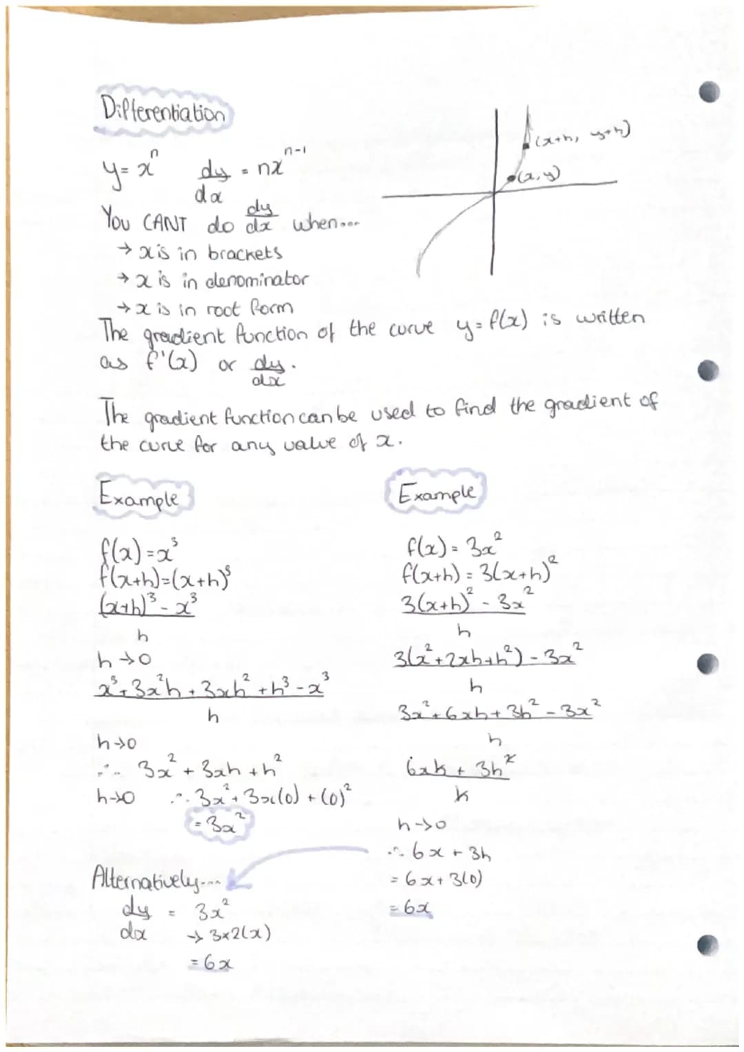 Differentiation

$y=x^n$ $\frac{dy}{da}=nx^{n-1}$

You CANT do $\frac{dy}{dx}$ when...

→x is in brackets

→x is in denominator

→x is in ro