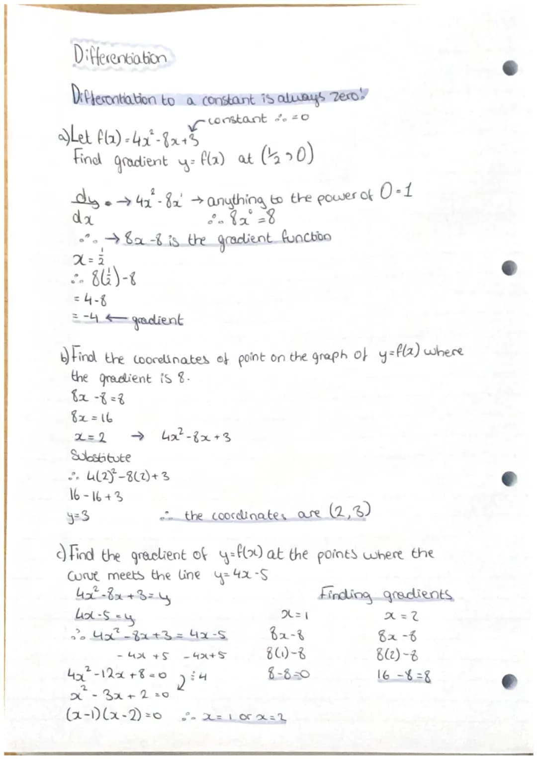 Differentiation

$y=x^n$ $\frac{dy}{da}=nx^{n-1}$

You CANT do $\frac{dy}{dx}$ when...

→x is in brackets

→x is in denominator

→x is in ro